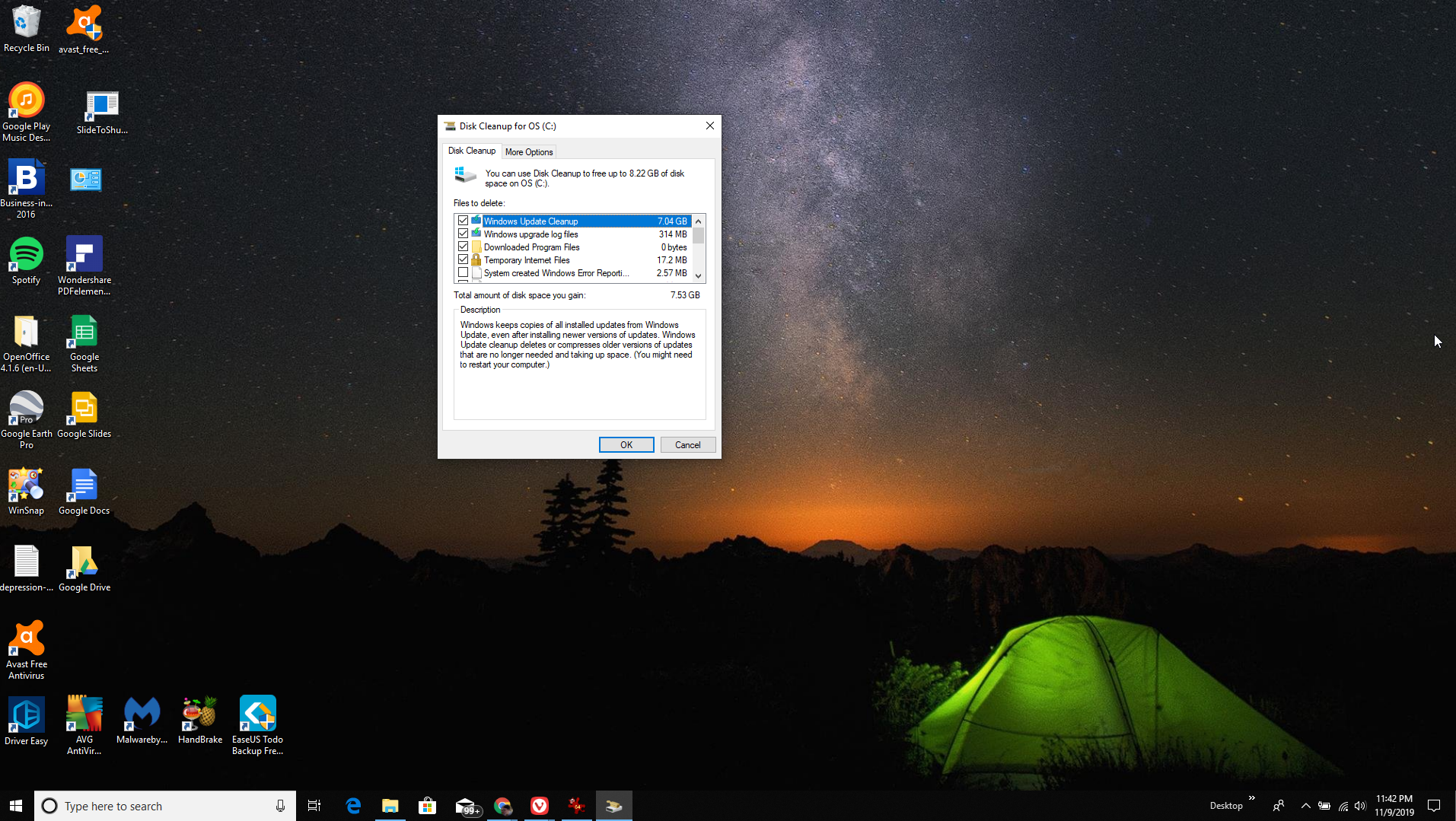 Snímek obrazovky Vyčištění disku s vybranou službou Windows Update