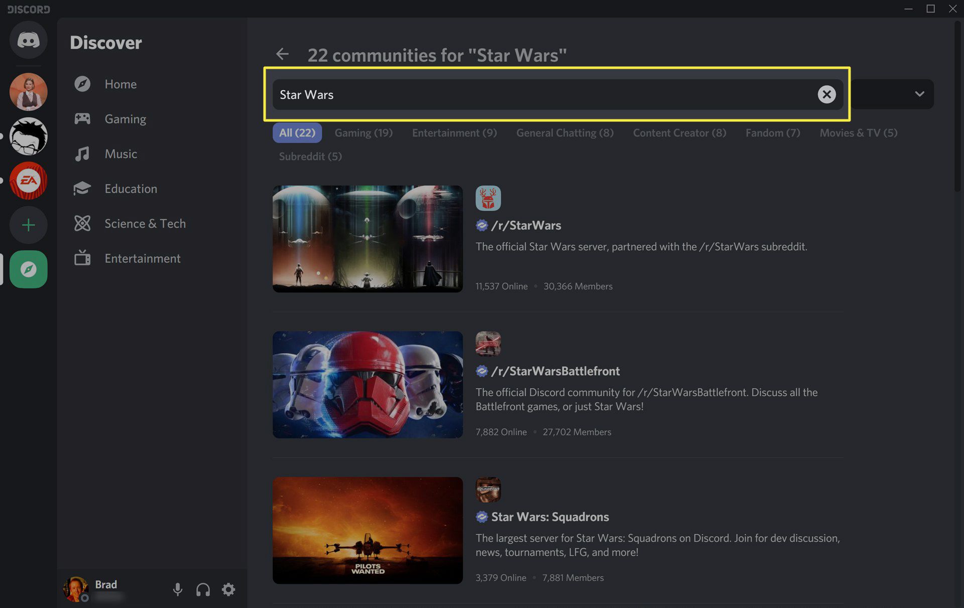 Servery Star Wars Discord v desktopové aplikaci Discord ve Windows 10.