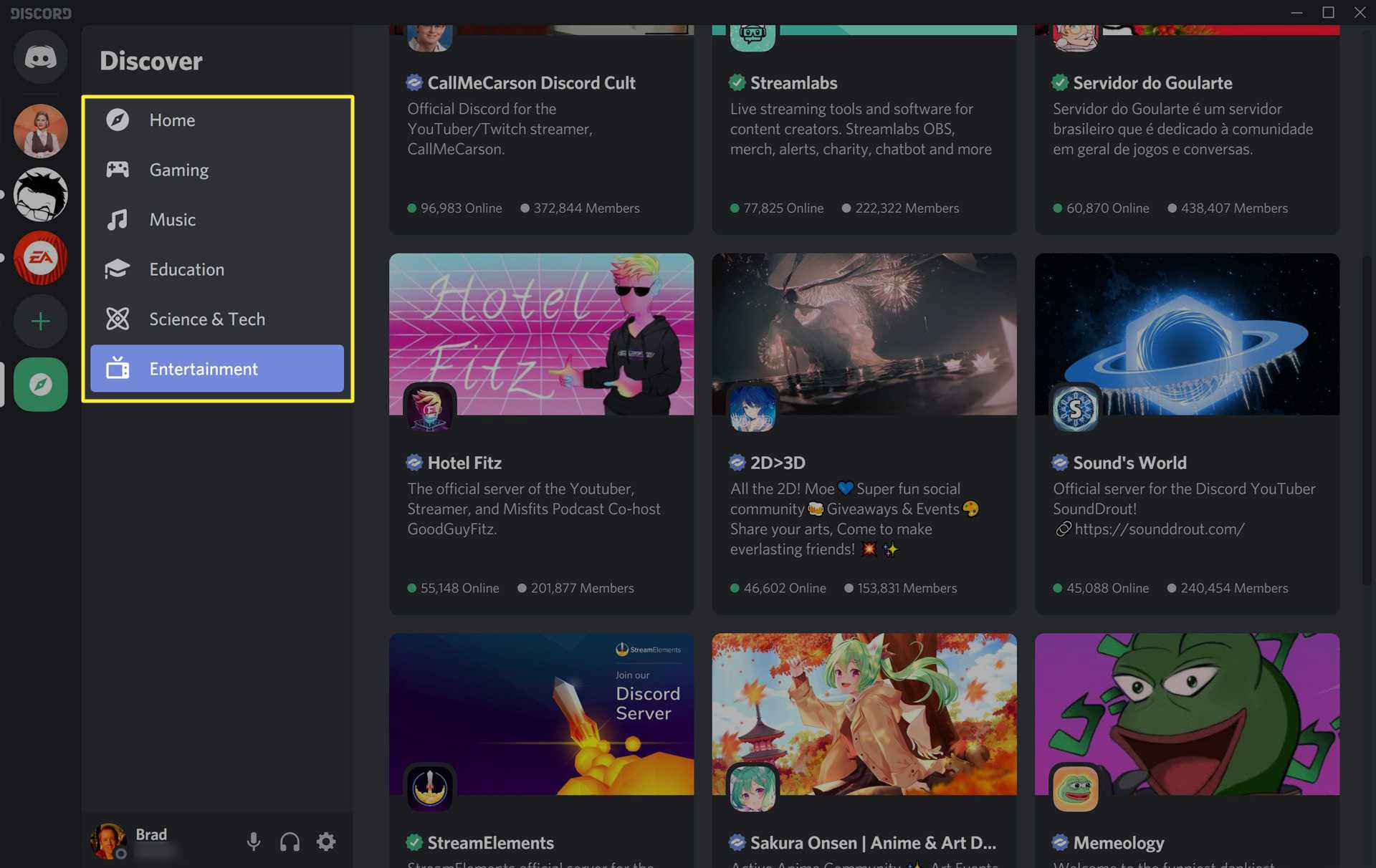 Servery Discord v desktopové aplikaci Discord ve Windows 10.