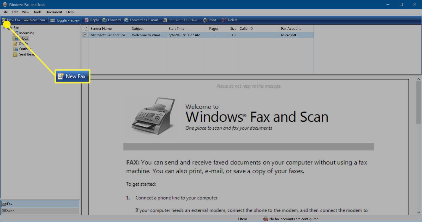 Možnost Nový fax ve Windows Faxování a skenování.