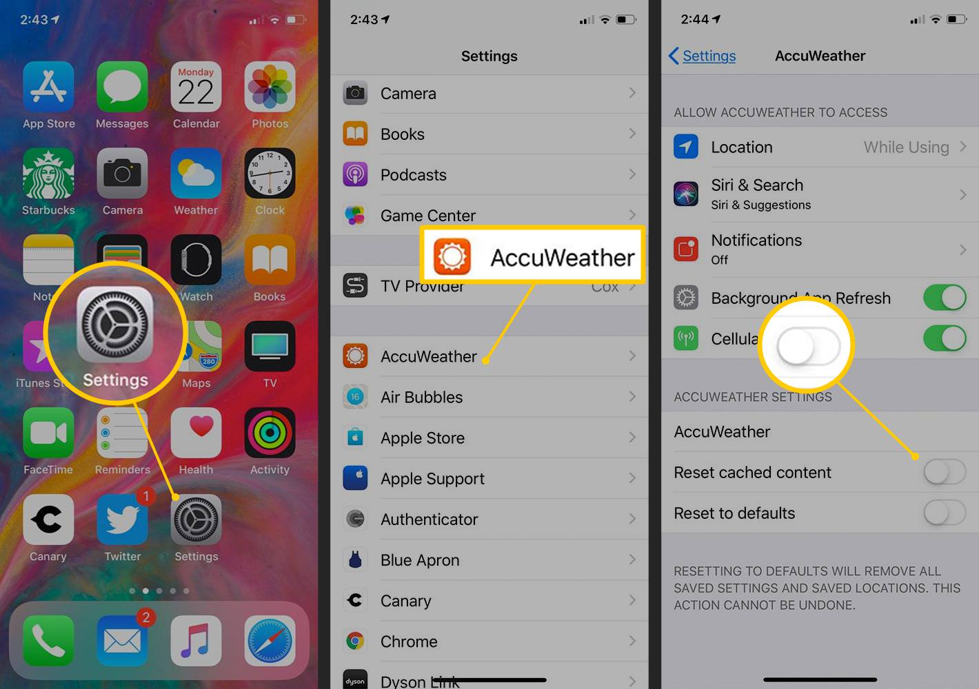 Ikona nastavení, AcuWeather a přepnutí na resetování obsahu v mezipaměti v systému iOS