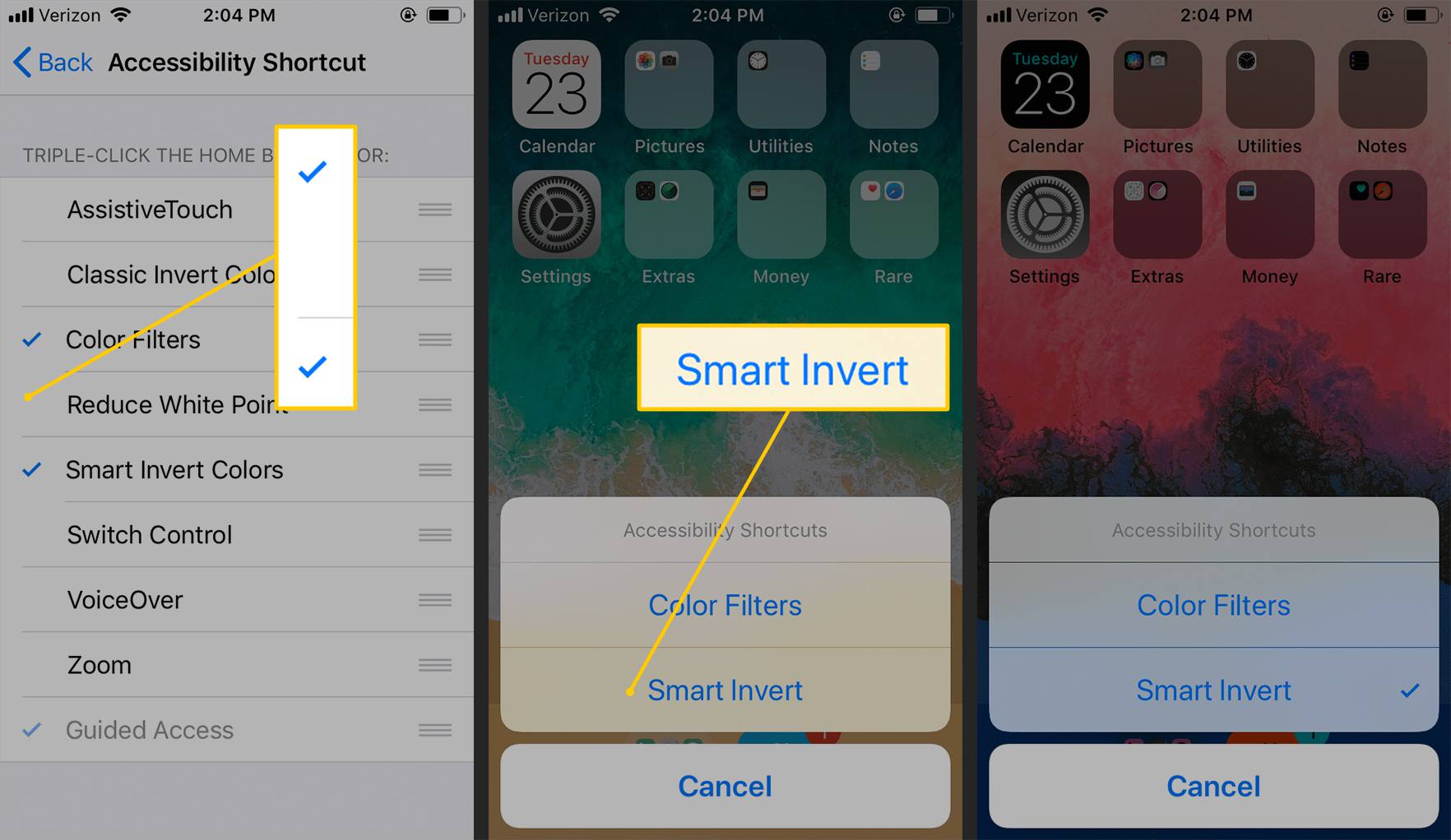 Zaškrtnutí přístupnosti, Smart Invert, Zkratky pro iOS