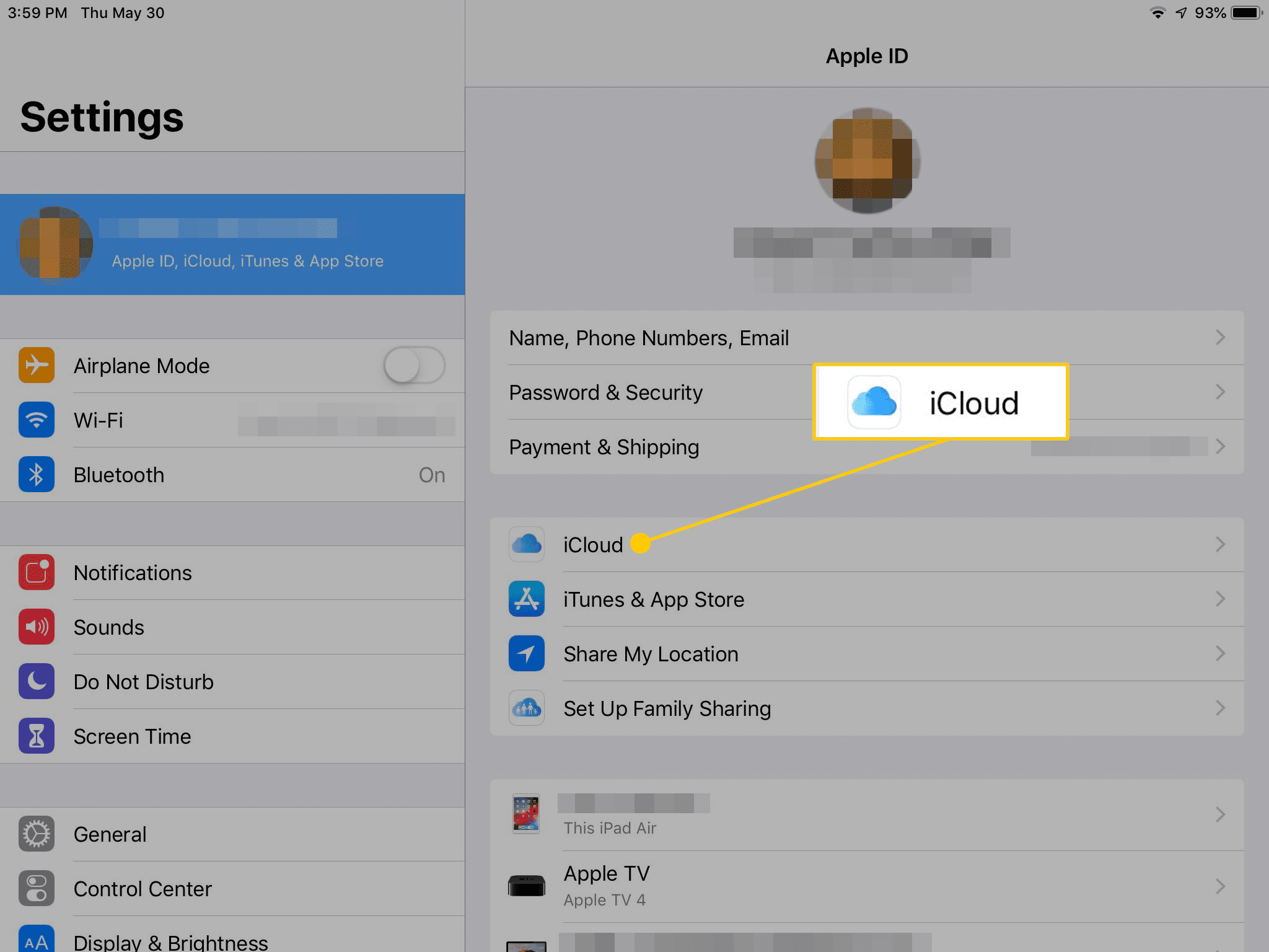 Tlačítko iCloud v aplikaci pro nastavení iPadu