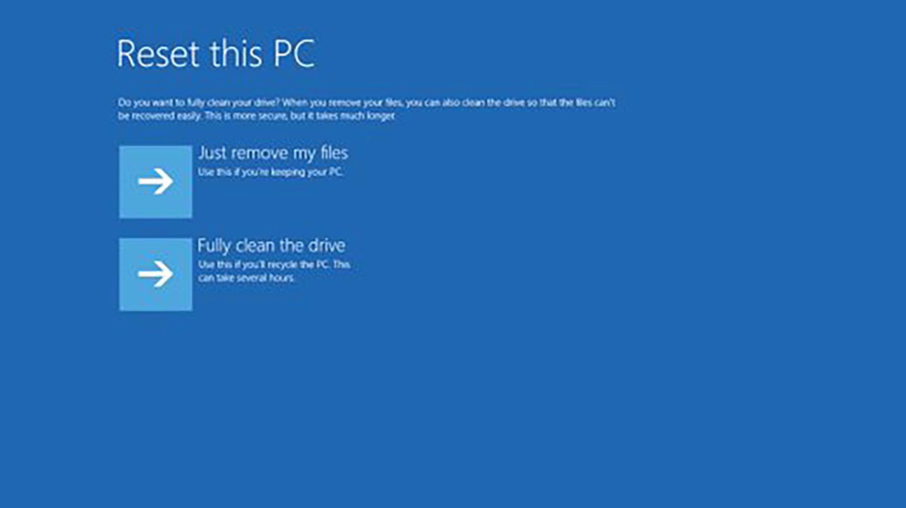 Možnosti „Jen odebrat mé soubory“ a „Úplně vyčistit disk“ v systému Windows 10