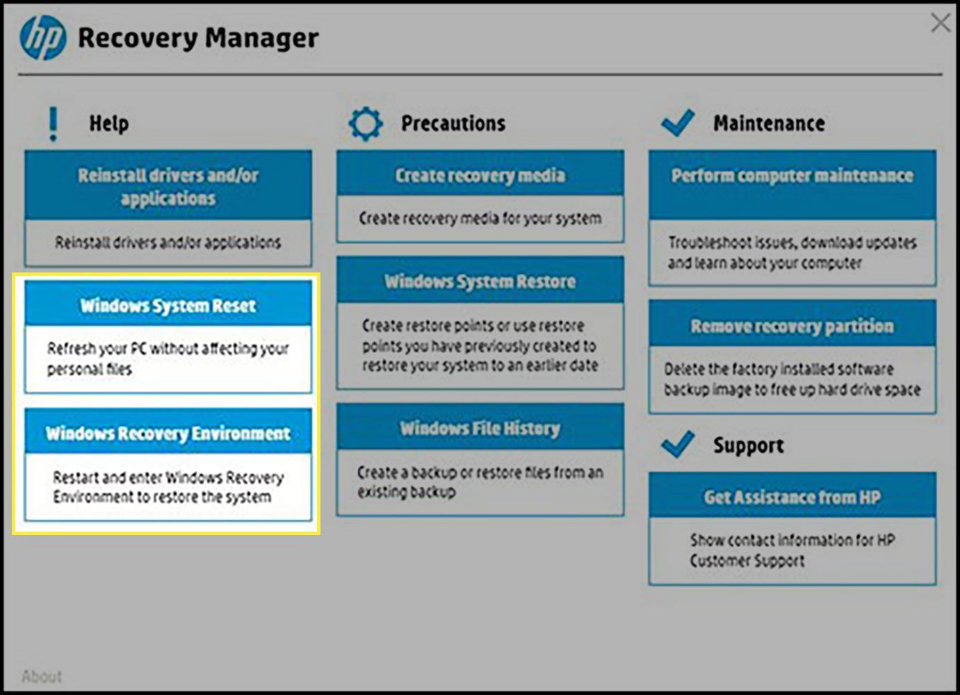 Možnosti „Obnovení systému Windows“ a „Prostředí Windows Recovery Environment“ v nástroji HP Recovery Manager