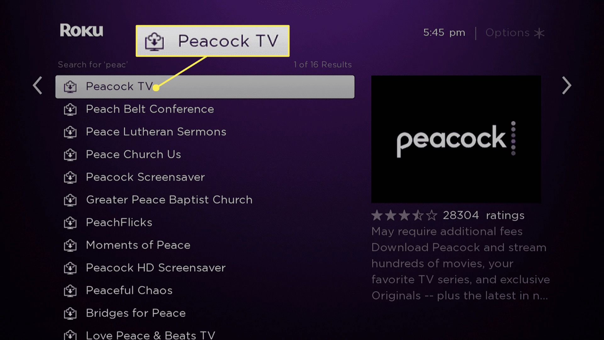 Výsledky vyhledávání Roku se zvýrazněnou Peacock TV.
