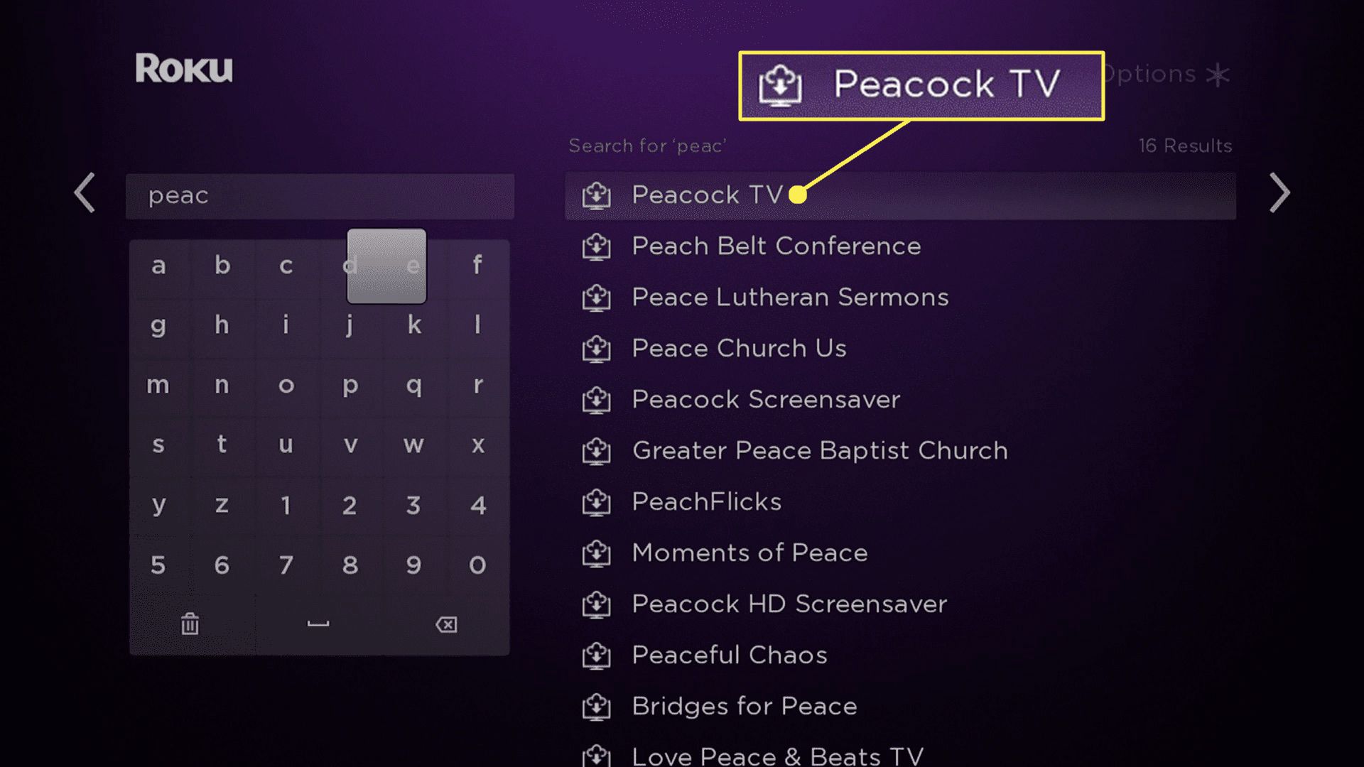 Výsledky vyhledávání Roku se zvýrazněnou Peacock TV.