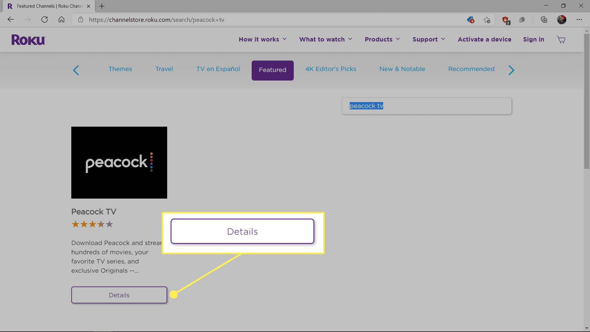 Peacock TV v obchodě Roku Channel se zvýrazněnými podrobnostmi.