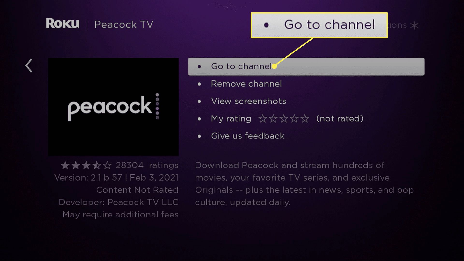 Přejděte na kanál zvýrazněný na Peacock TV na Roku.