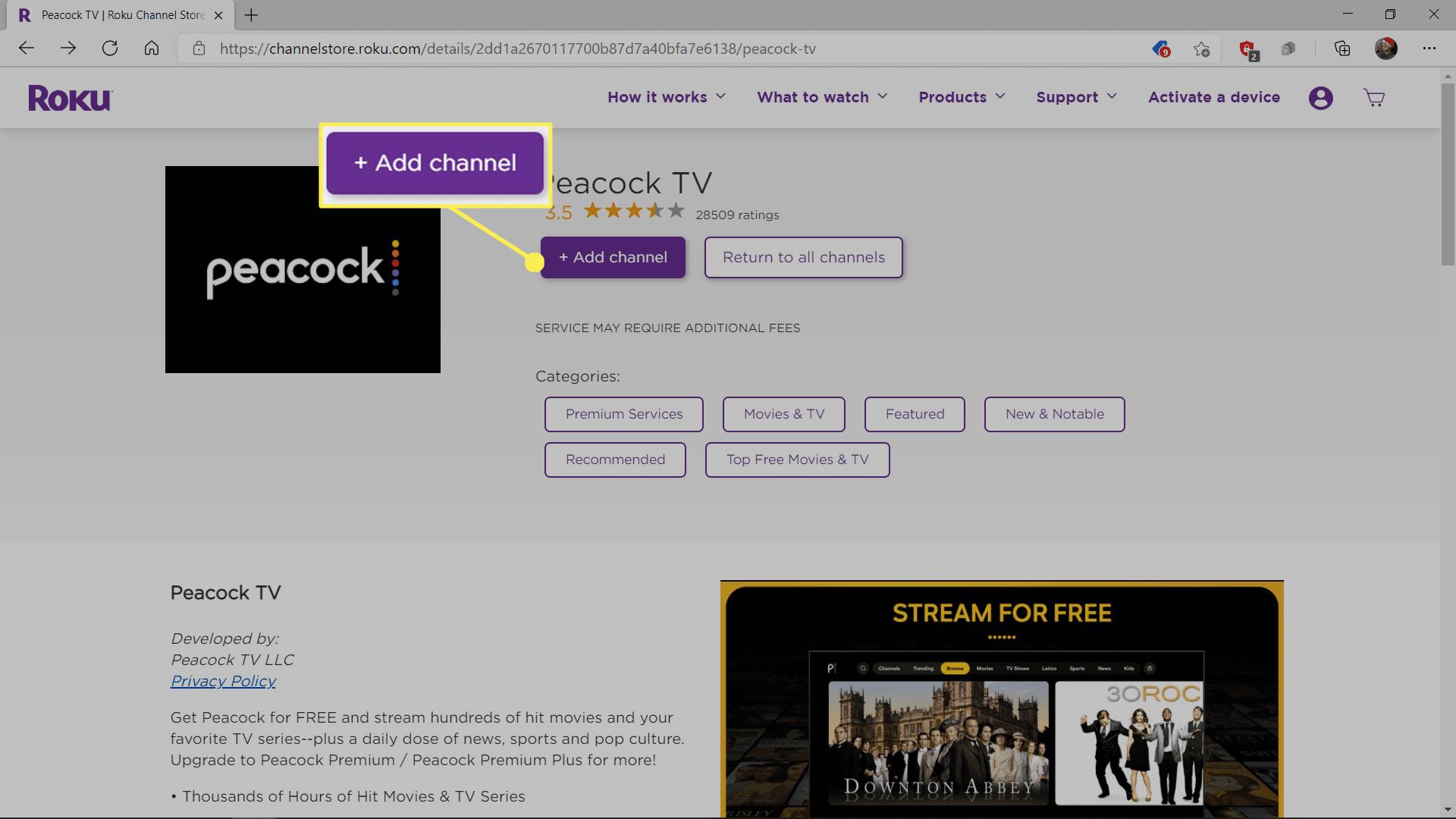 Přidejte kanál zvýrazněný v seznamu Peacock TV v obchodě Channel Roku.