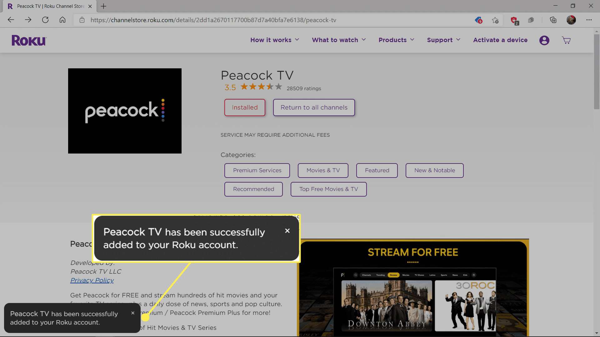Peacock TV byla úspěšně přidána z Roku Channel Store.