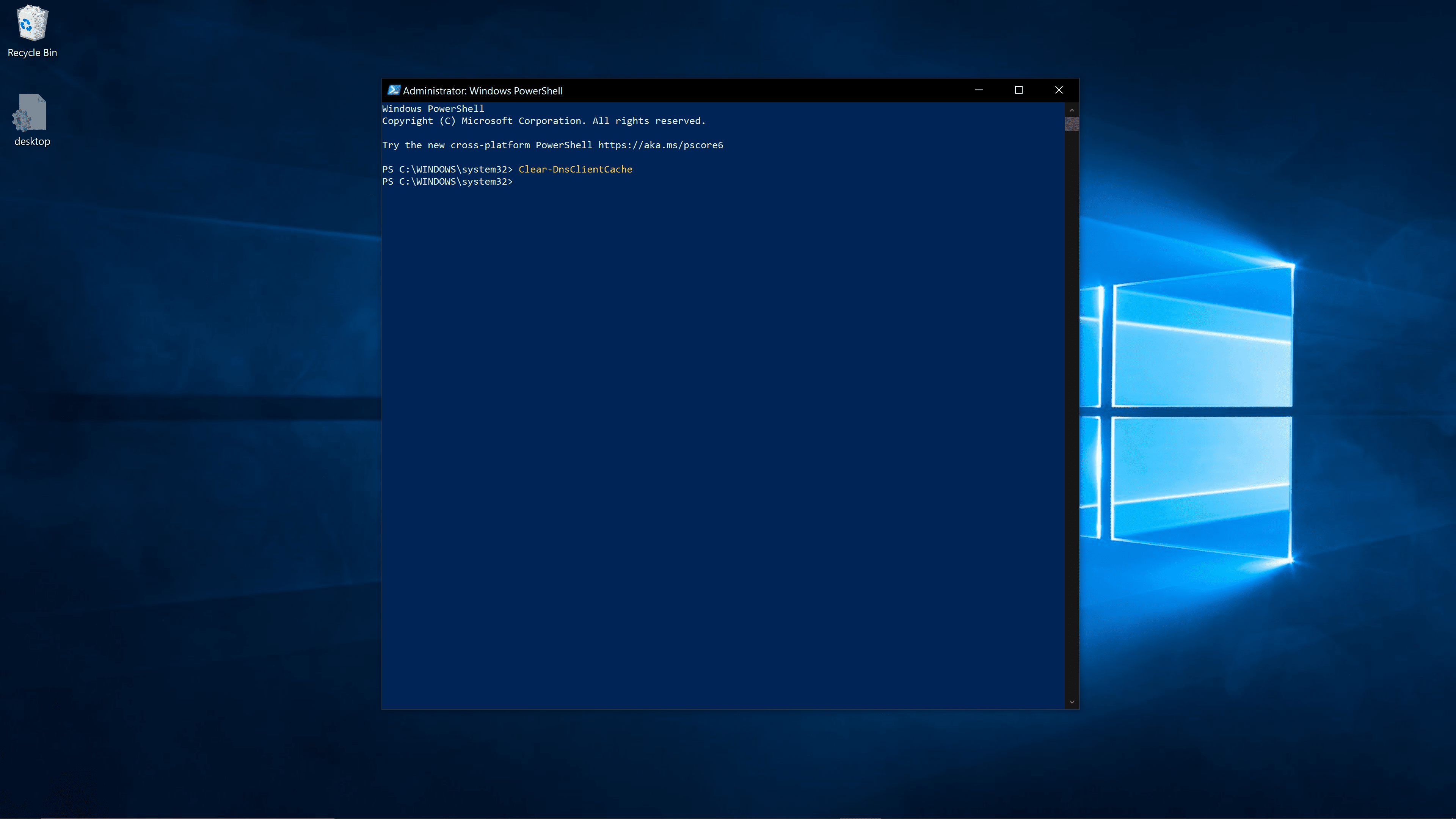 Vymazání DNS pomocí prostředí Windows PowerShell.