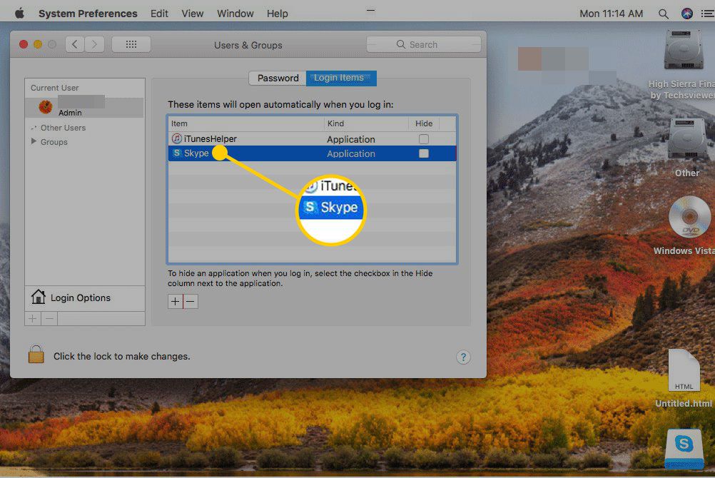 Nastavení položek přihlášení na Macu se zvýrazněným Skype