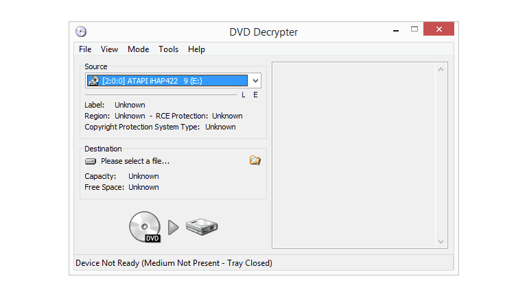 DVD Decrypter s vybranou diskovou jednotkou