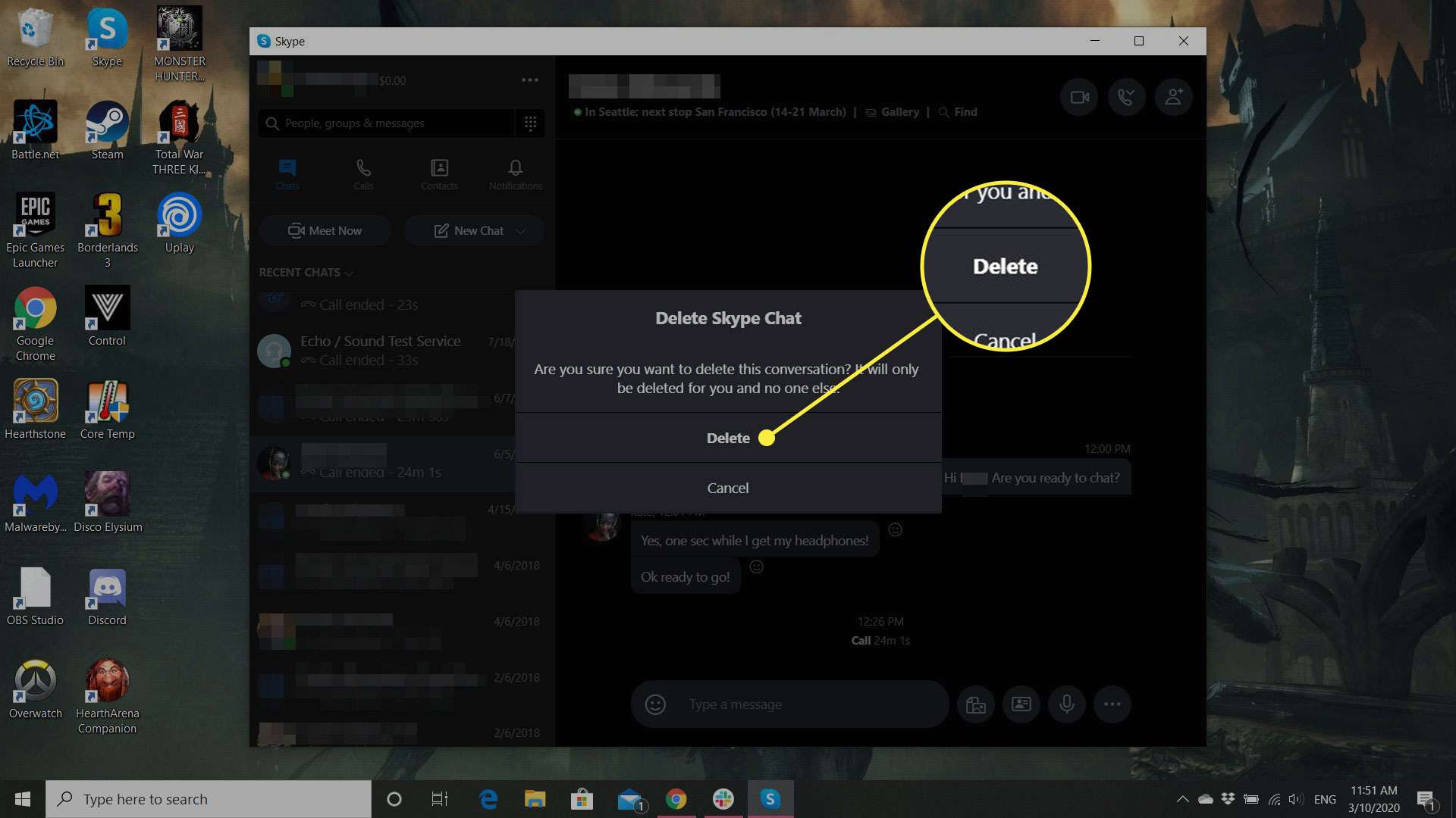 Screenshot z aplikace Skype "Odstranit Skype Chat" potvrzovací okno se zvýrazněným tlačítkem Odstranit