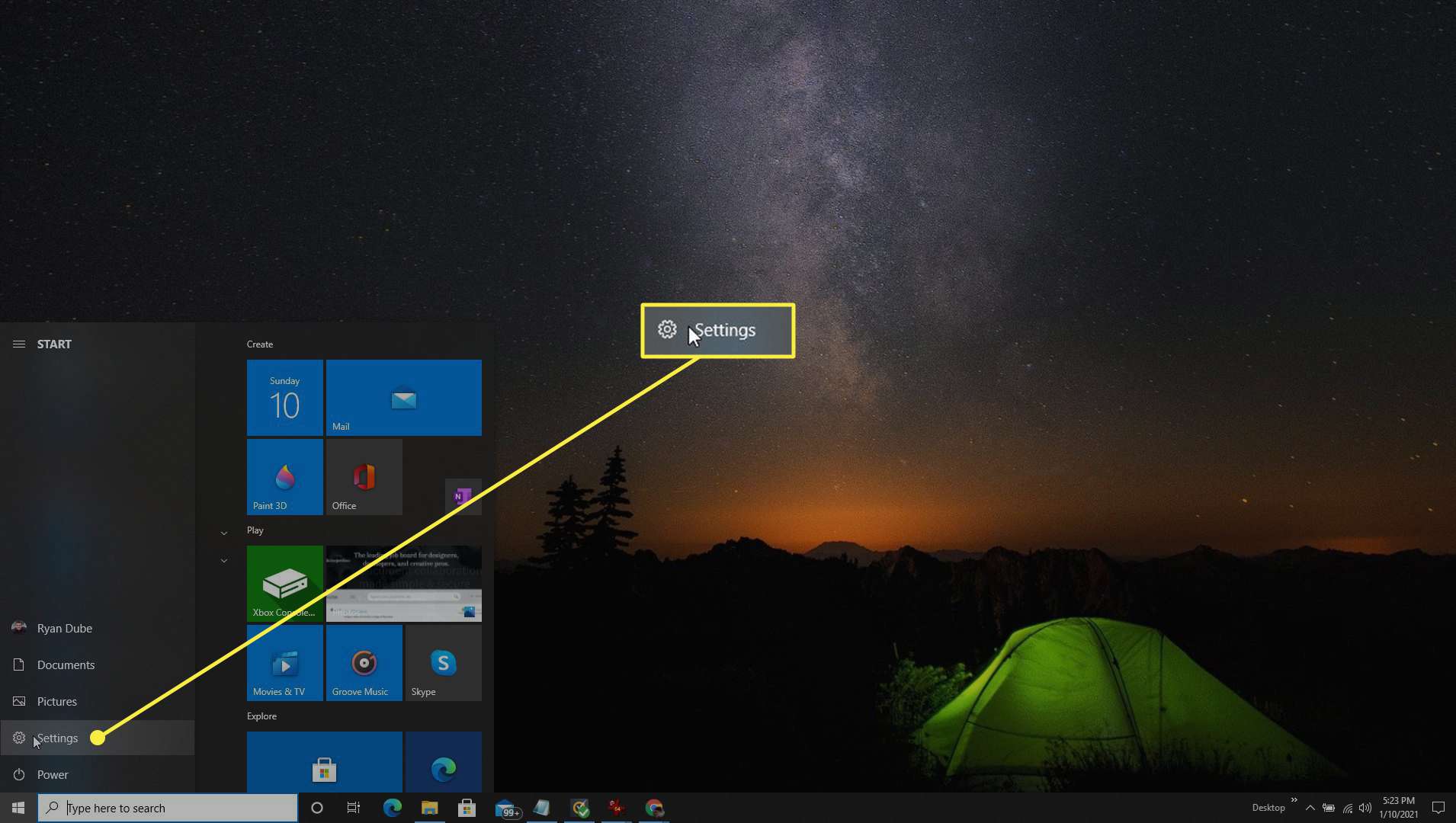 Položka nabídky nastavení ve Windows 10.