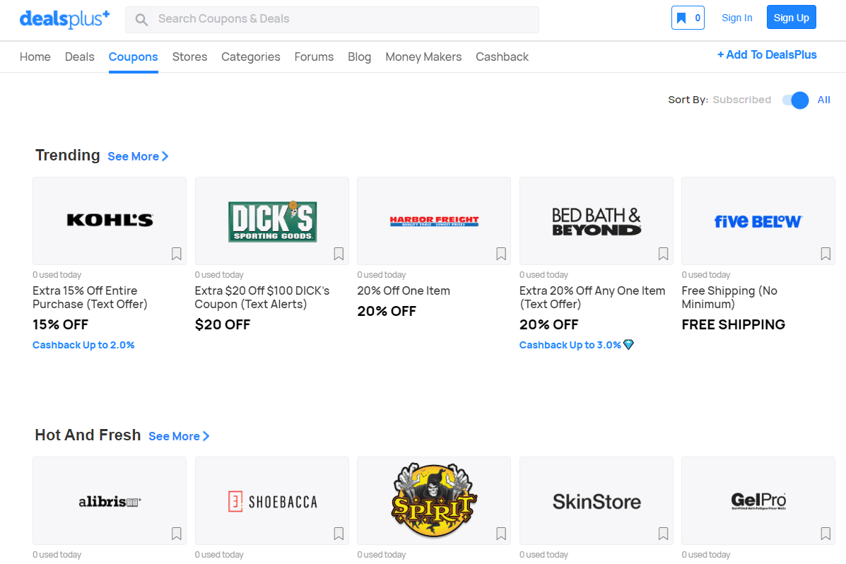 Screenshot trendových kódů kupónů na DealsPlus