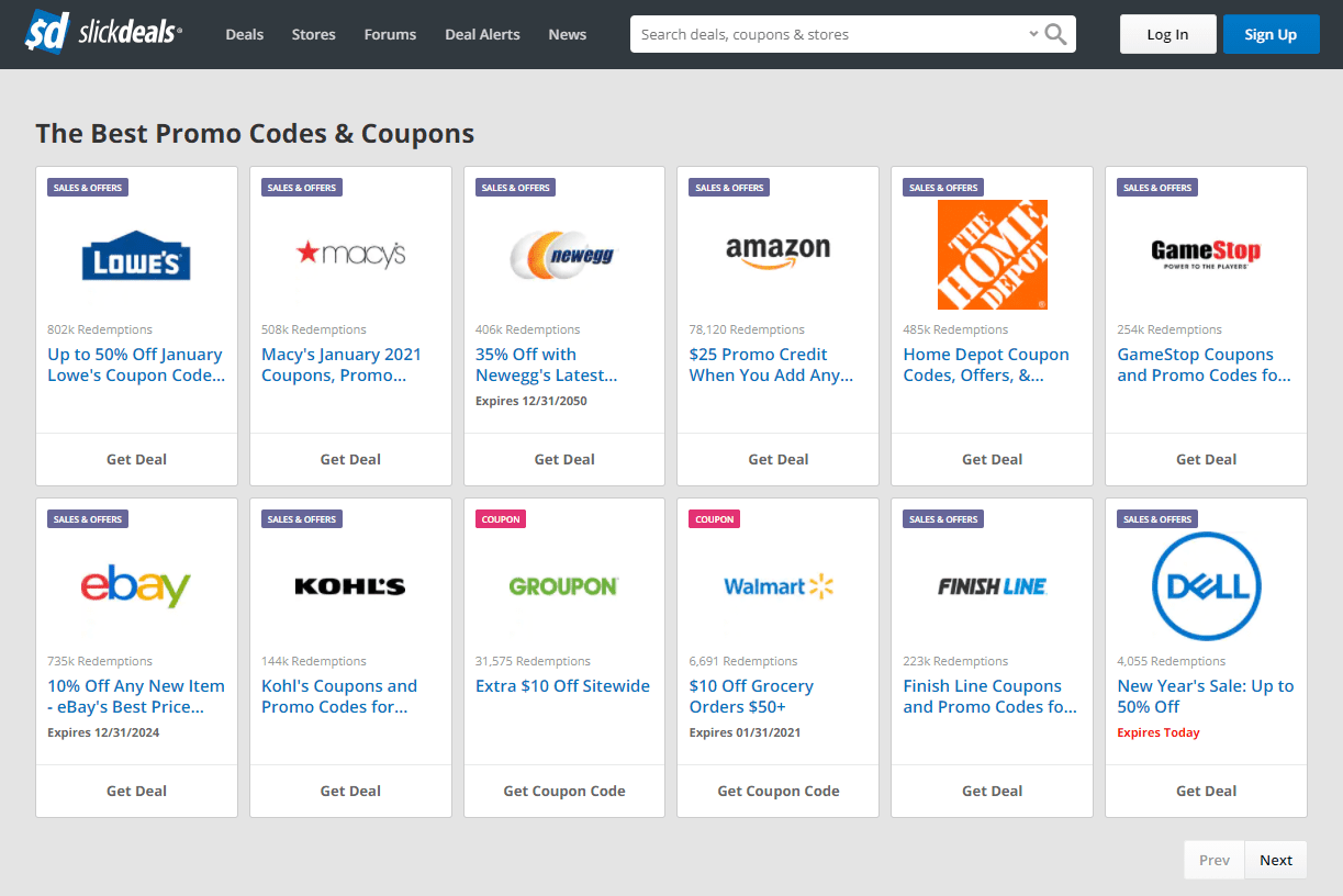 Screenshot nejlepších promo kódů a kupónů na Slickdeals