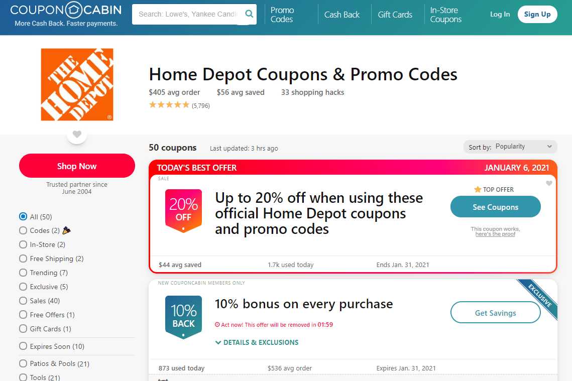 Screenshot promo kódů CouponCabin pro Home Depot