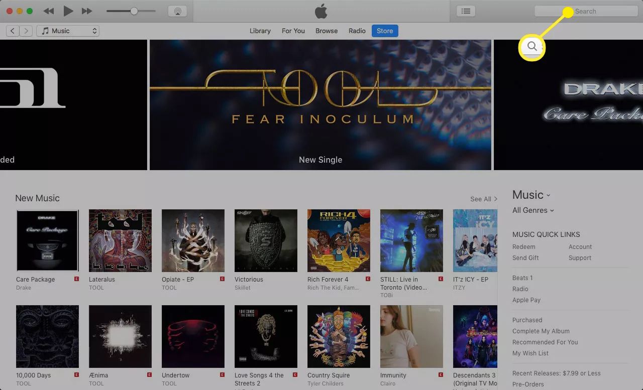 Hudební obchod iTunes se zvýrazněnou ikonou vyhledávacího pole