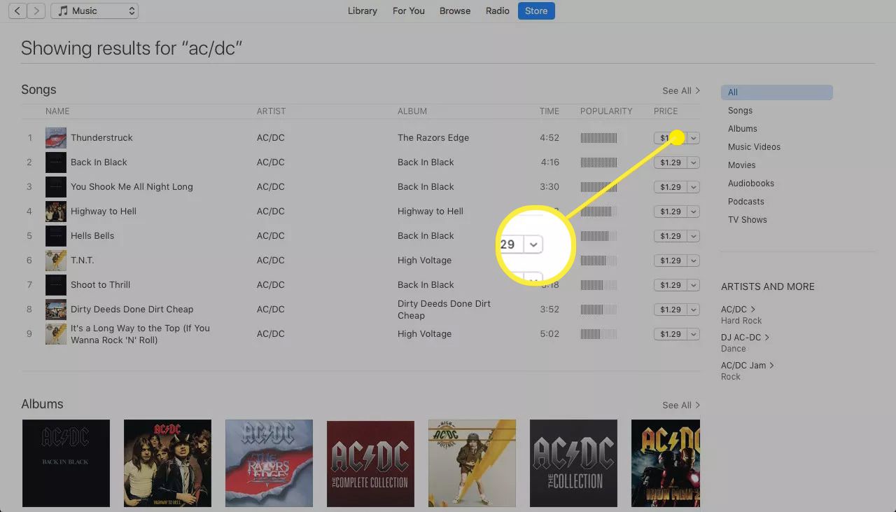 Skladba v hudebním obchodě iTunes se zvýrazněnou šipkou