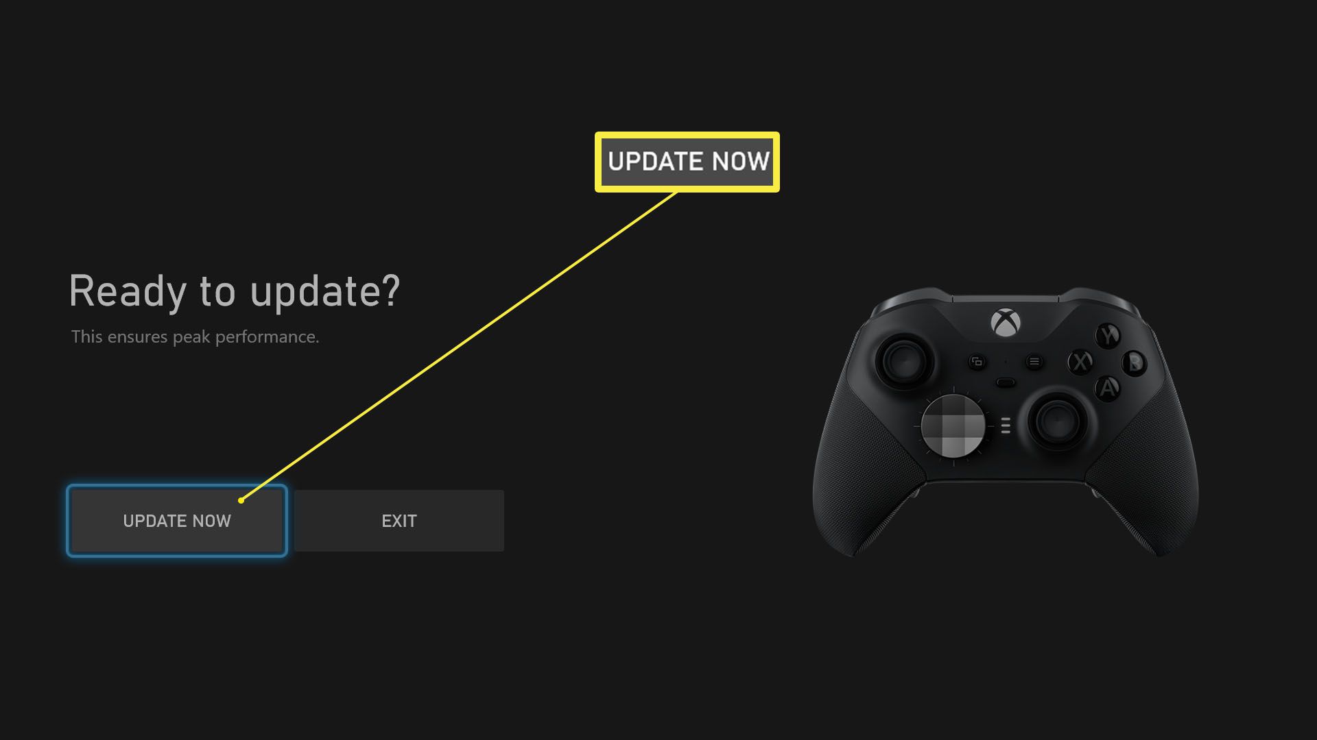 Řadič Xbox je připraven k aktualizaci se zvýrazněným dialogovým oknem Aktualizovat