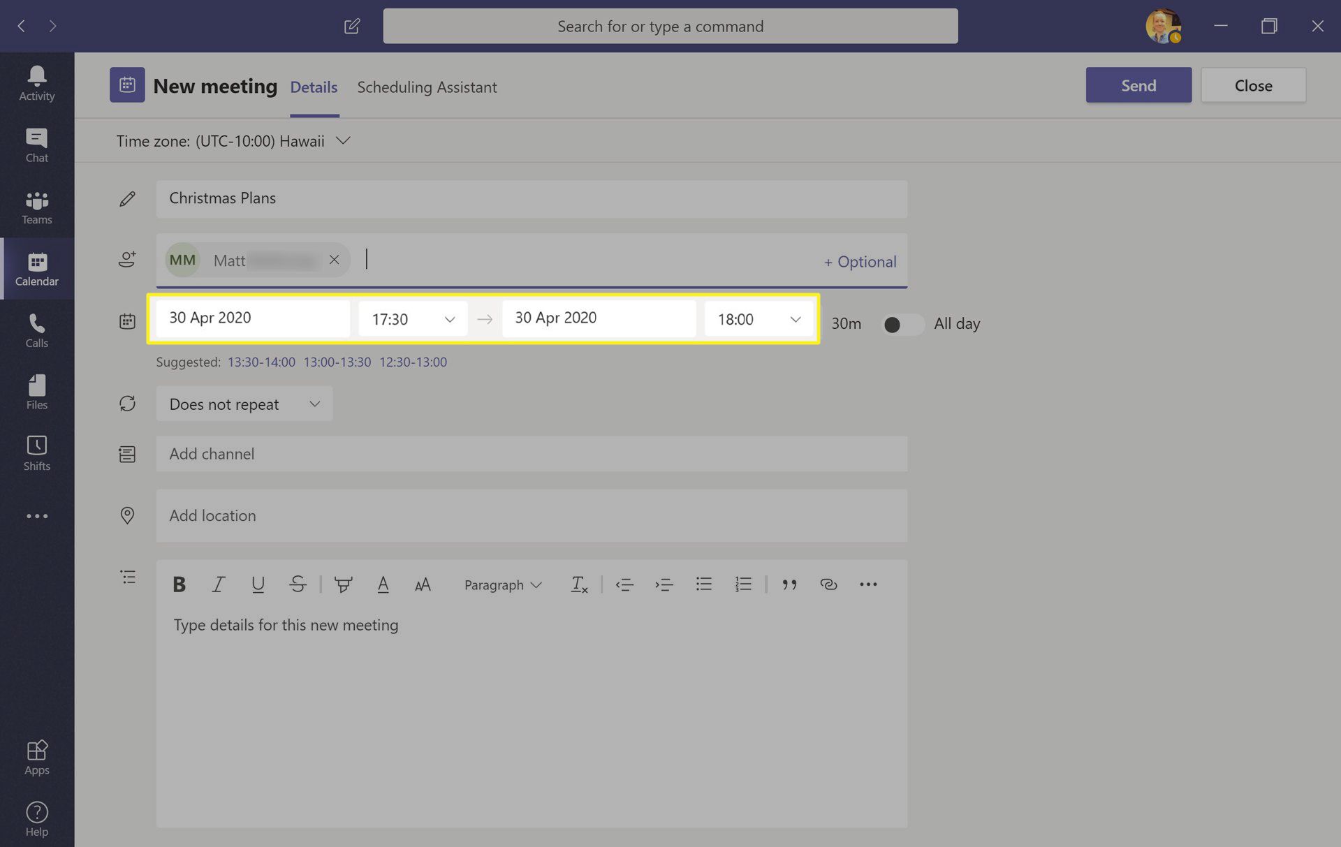 Aplikace Microsoft Teams se zvýrazněnými poli data a času