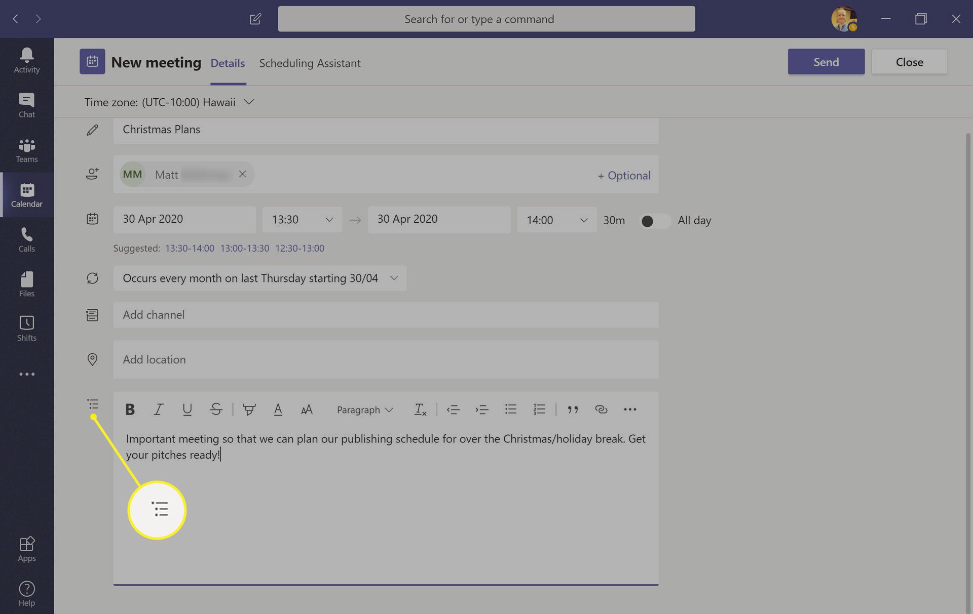 Aplikace Microsoft Teams zobrazující sekci podrobností schůzky