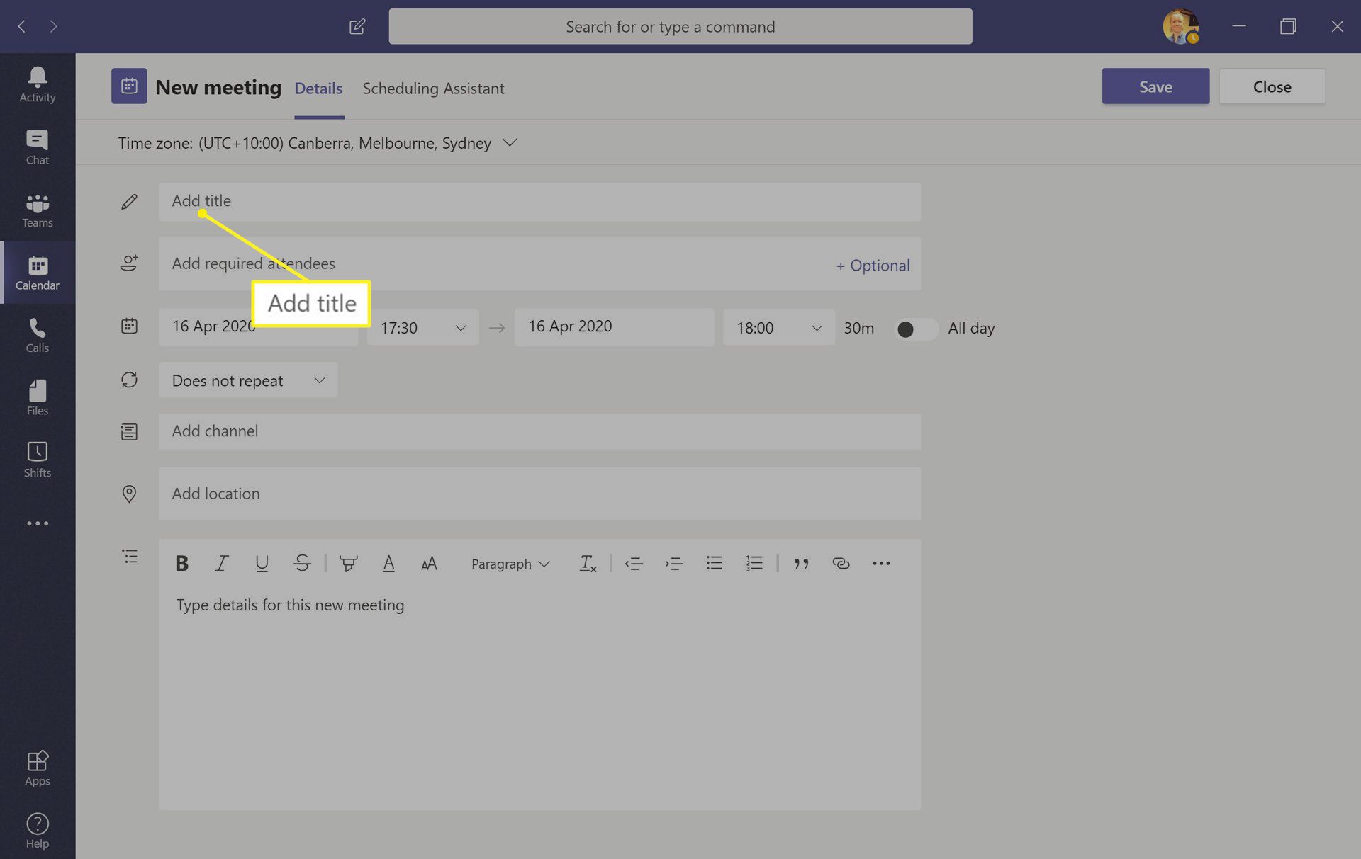 Aplikace Microsoft Teams se zvýrazněným polem Přidat název