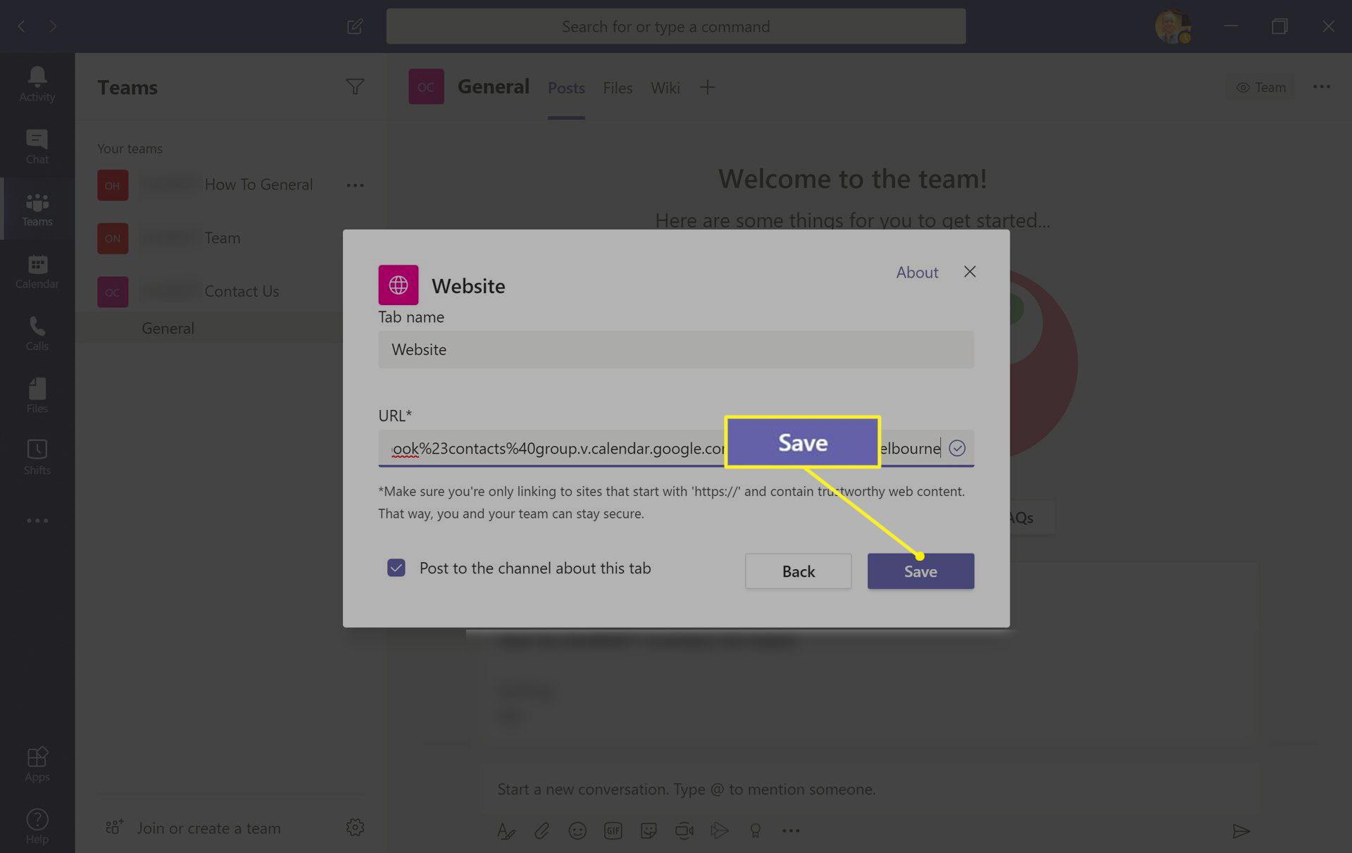 Přidání kalendáře do Microsoft Teams ve Windows 10.