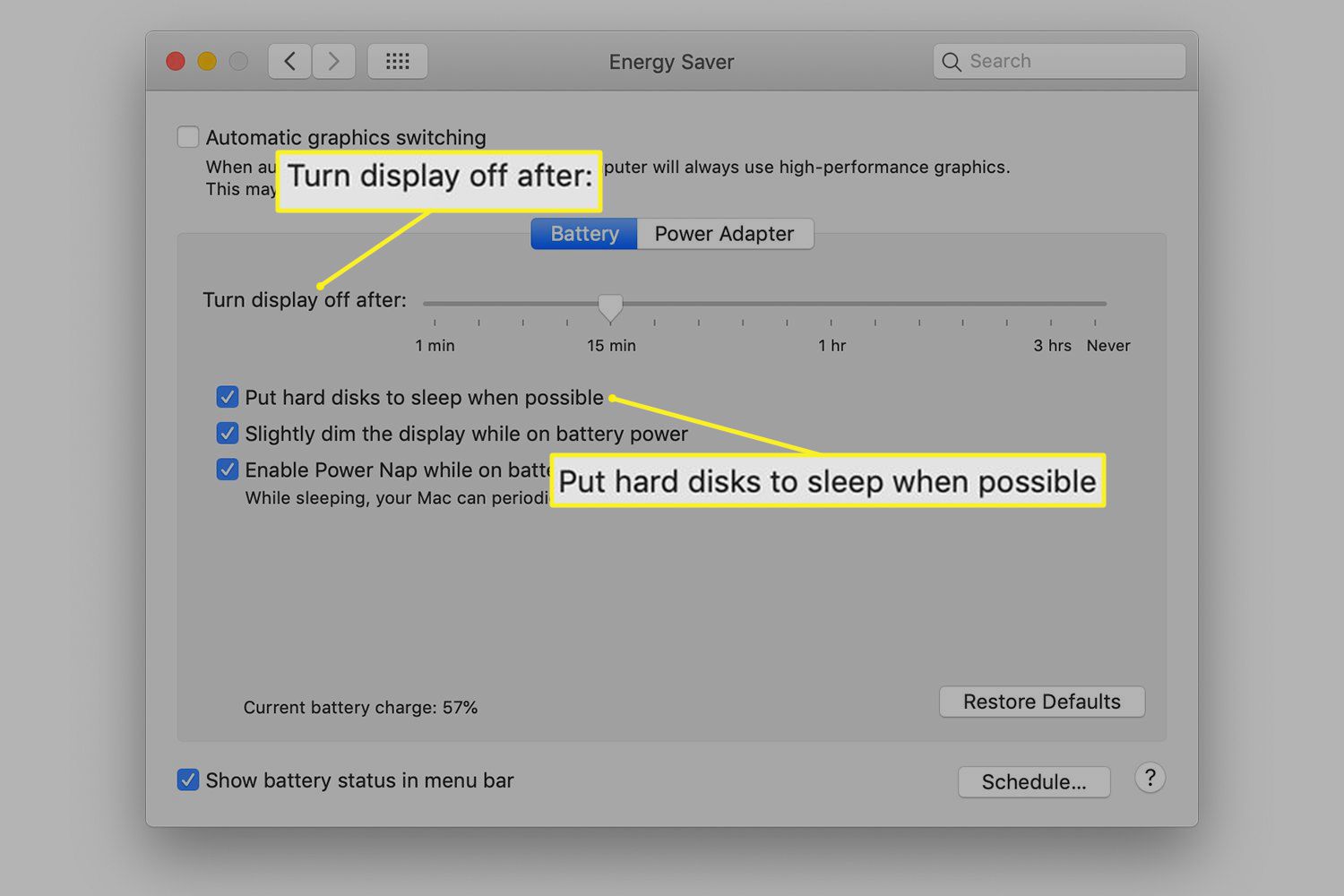 Možnosti úspory energie v předvolbách systému Mac