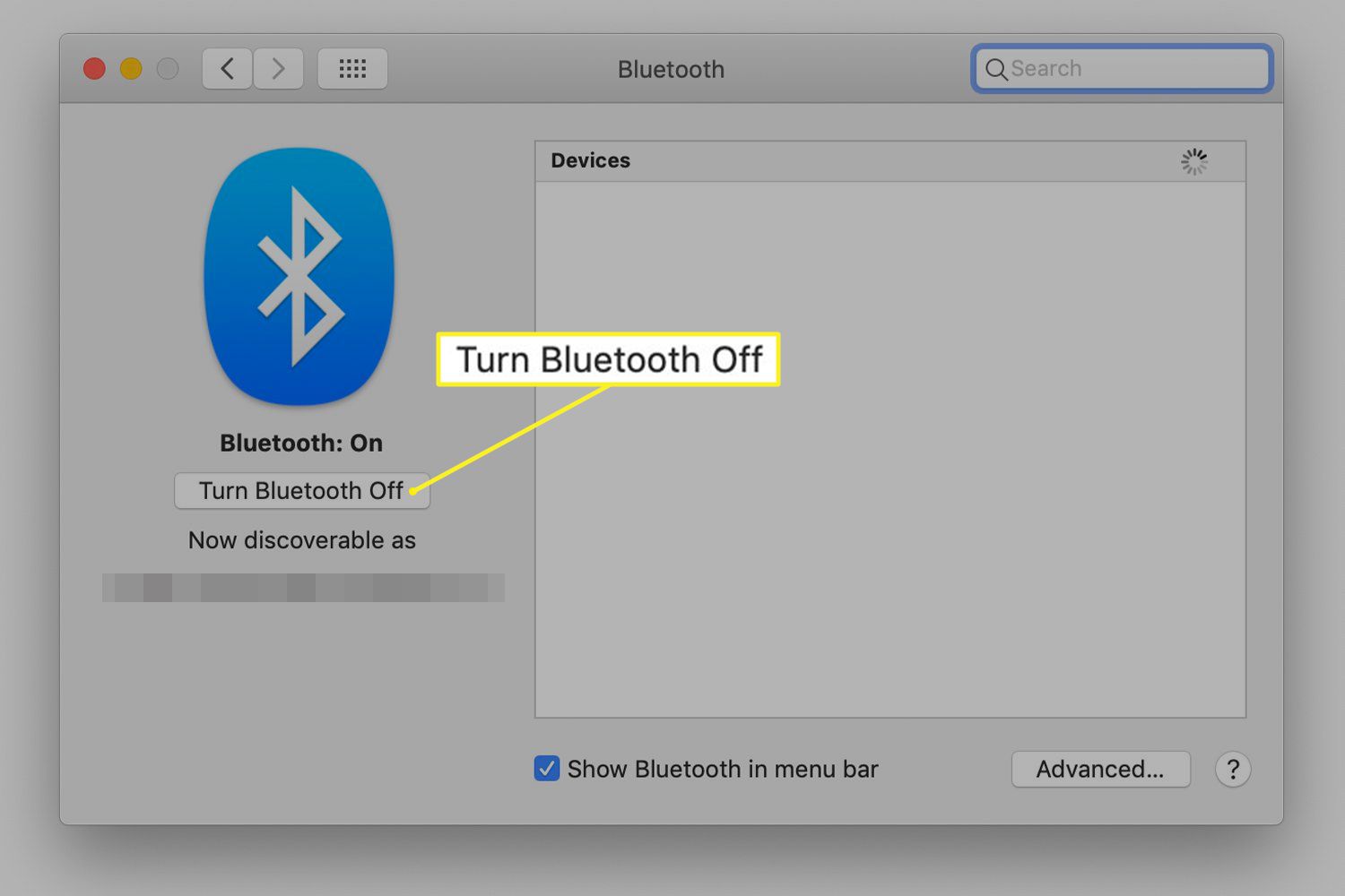 Obrazovka předvoleb systému Bluetooth na počítači Mac