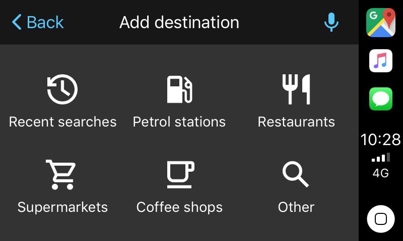 Mapy Google na obrazovce Přidat cíl CarPlay