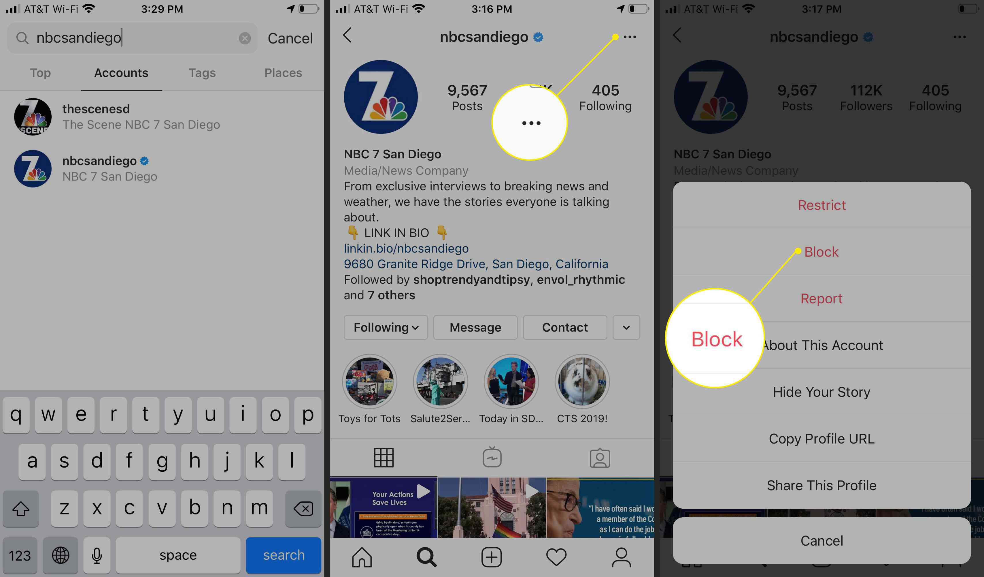 Tlačítko nabídky a možnost Blokovat v Instagramu