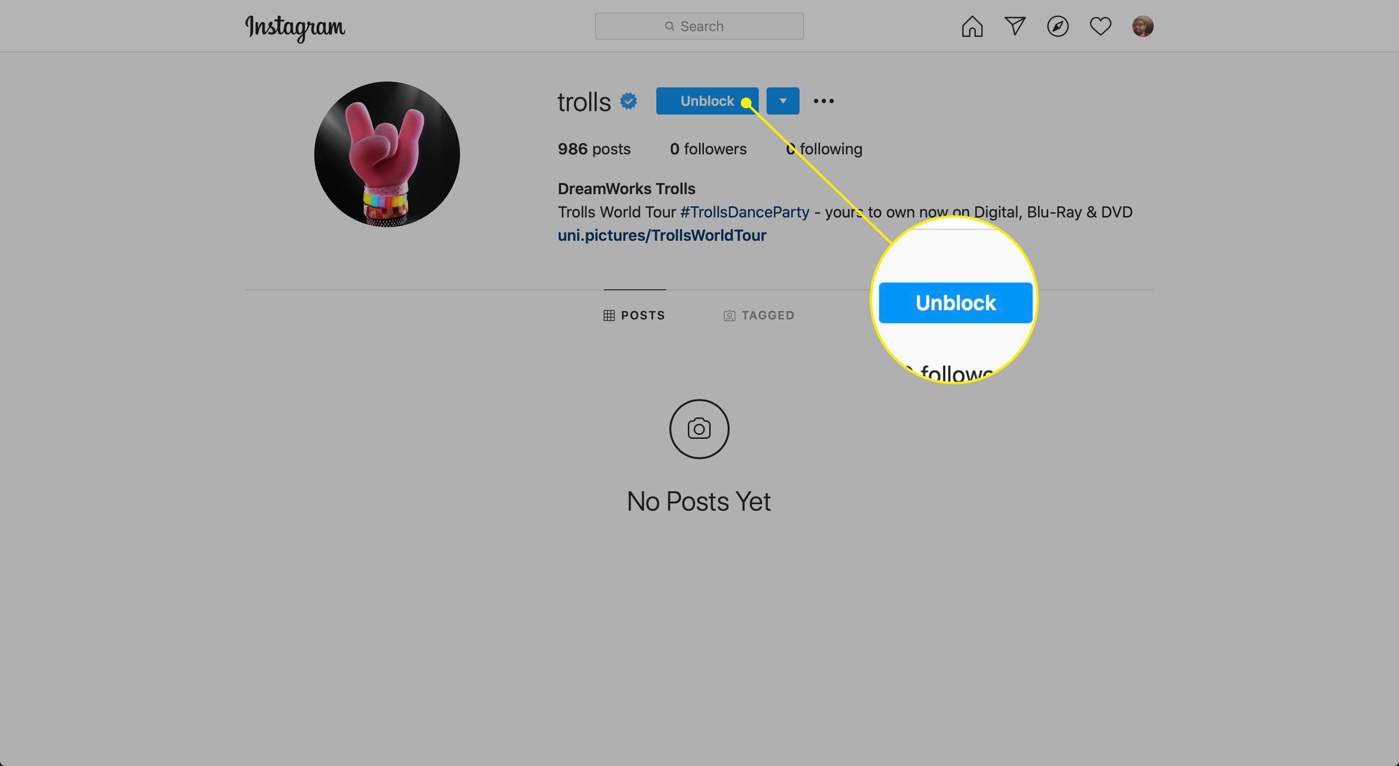 Tlačítko Odblokovat na Instagramu