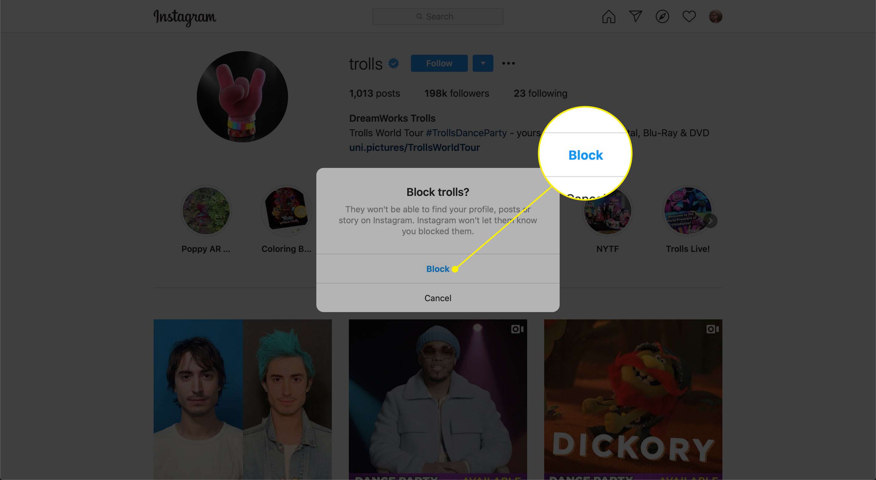 Příkaz Blokovat na Instagramu