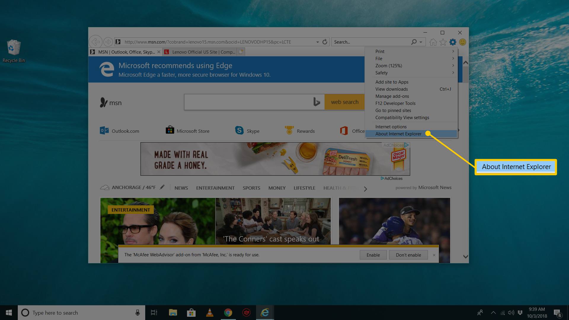 O položce nabídky Internet Explorer v ikoně Gear v aplikaci WIndows 10 Internet Explorer