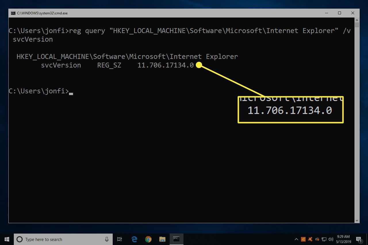 Snímek obrazovky příkazového řádku v systému Windows se zvýrazněným číslem verze aplikace Internet Explorer