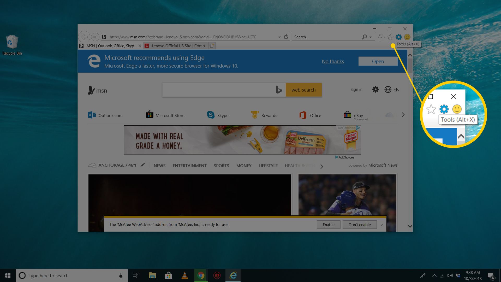 Ikona Nástroje / Gear v aplikaci Internet Explorer Windows 10