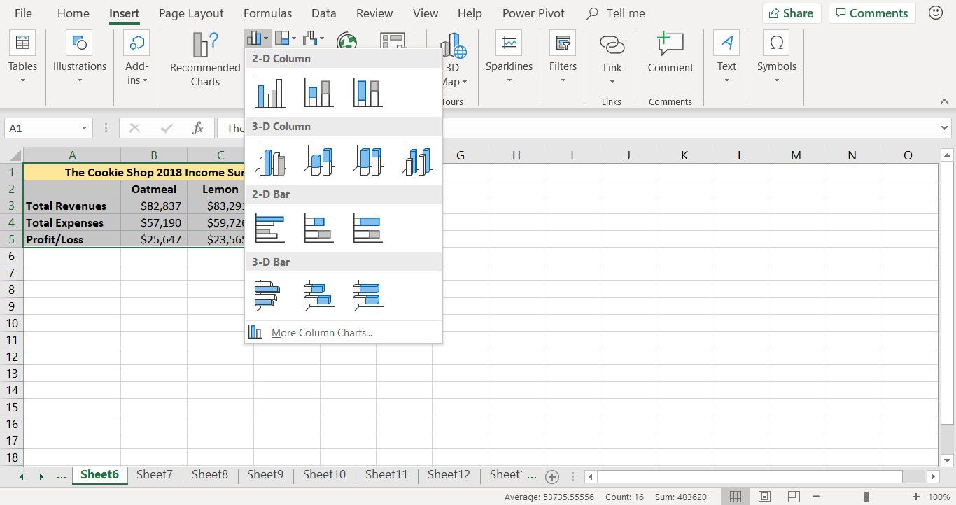 Screenshot zobrazující různé formáty sloupcových grafů v aplikaci Excel