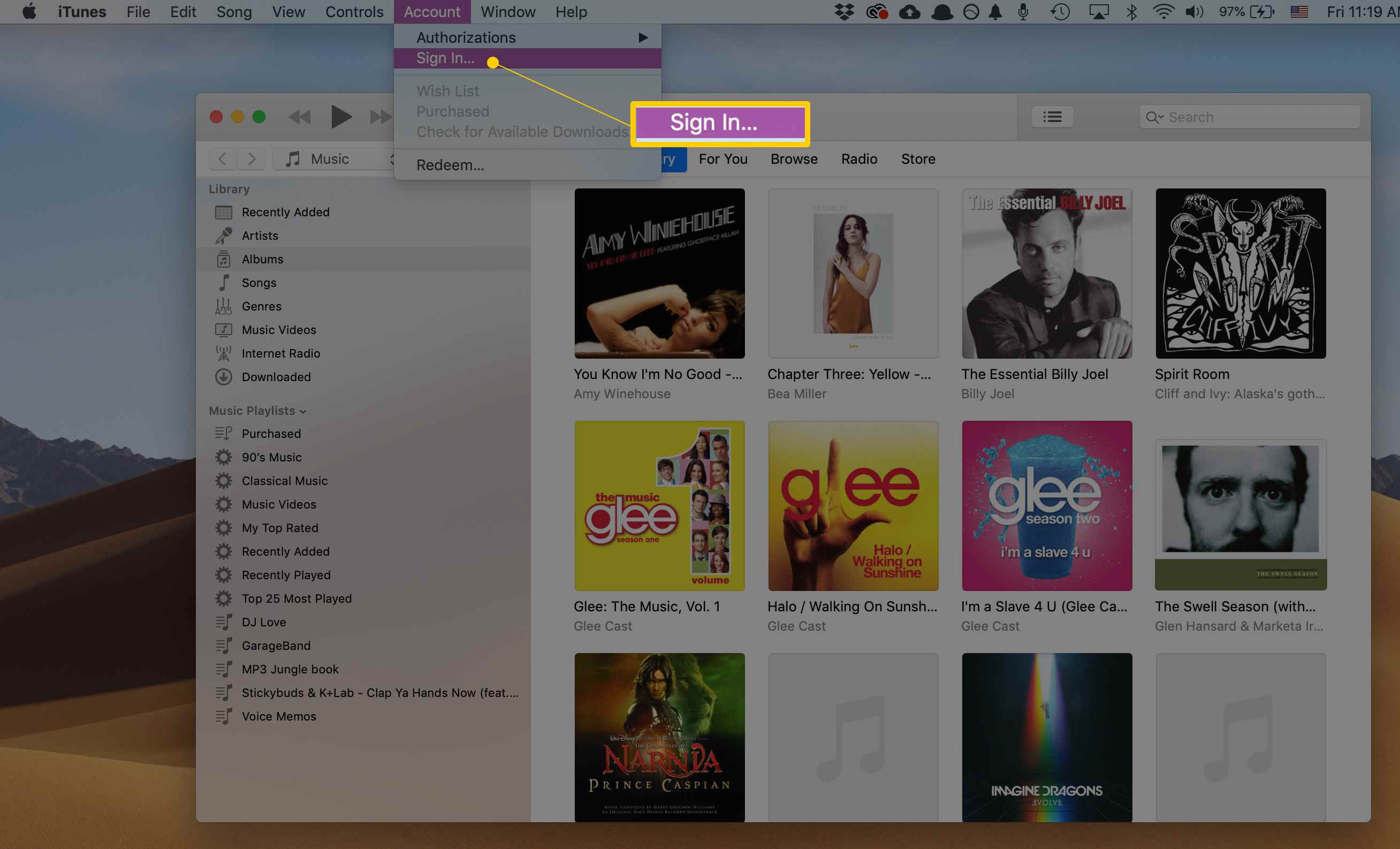 Přihlaste se v iTunes na macOS