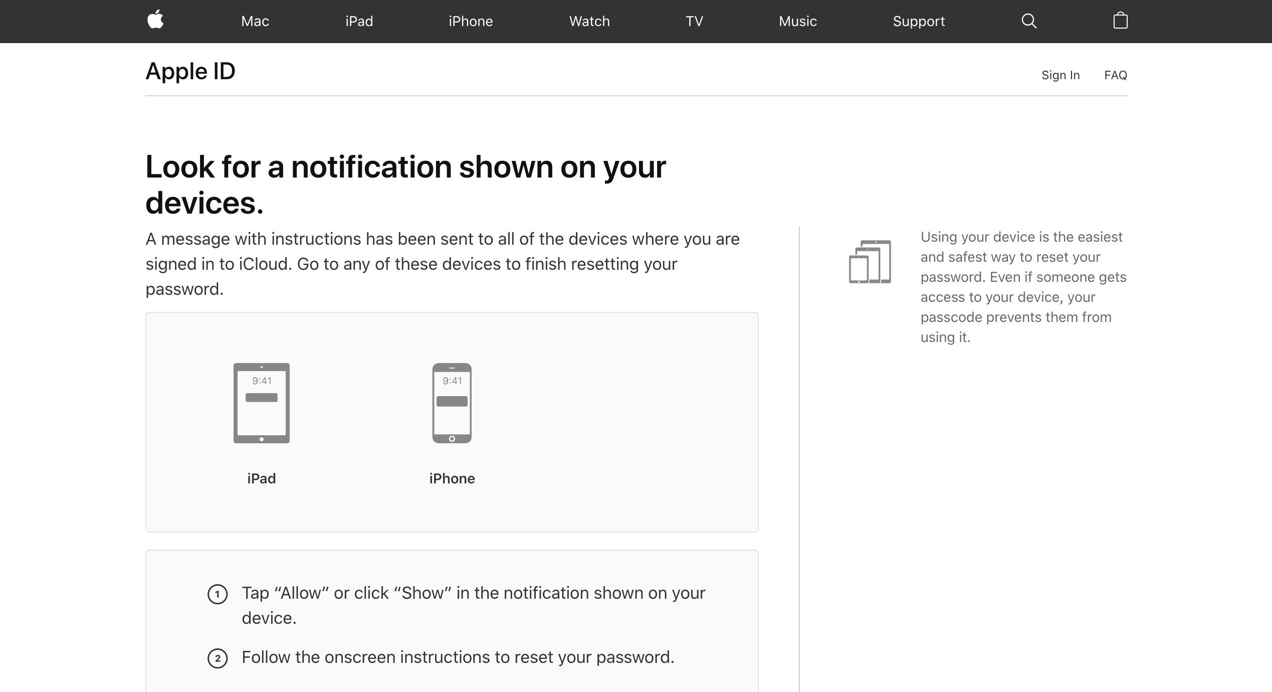 Vyhledejte oznámení zobrazené ve zprávě zařízení na webové stránce Zapomněli jste Apple ID