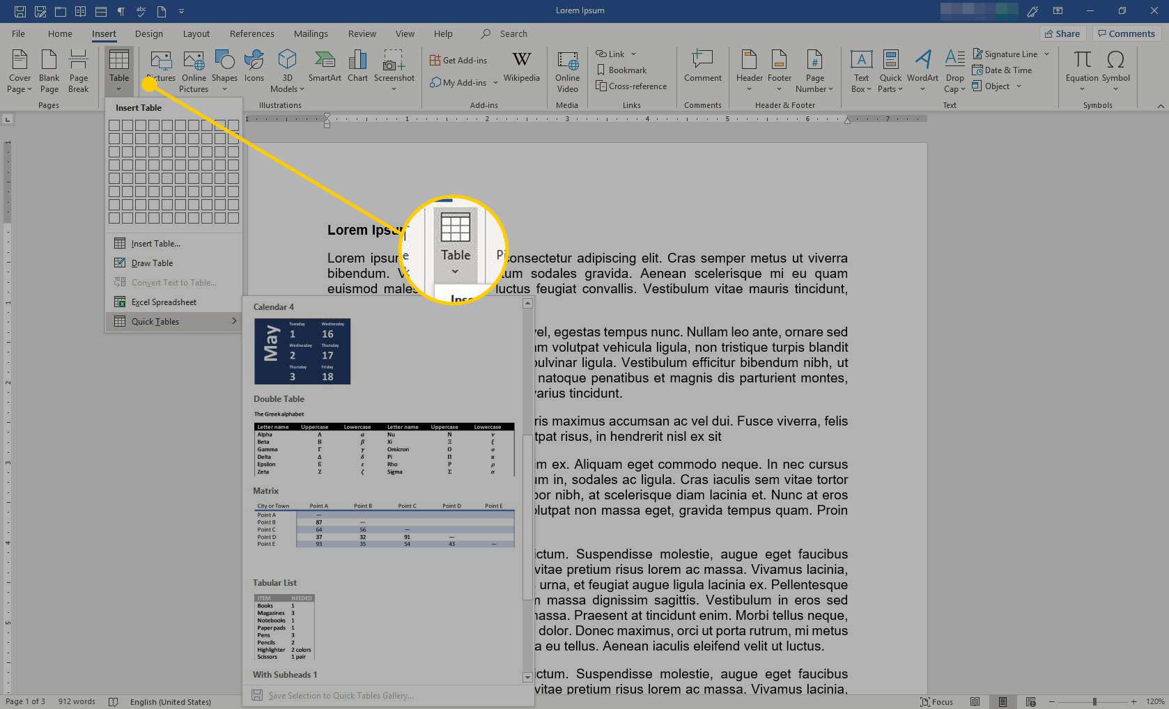 Microsoft Word se zvýrazněnou možností Tabulka