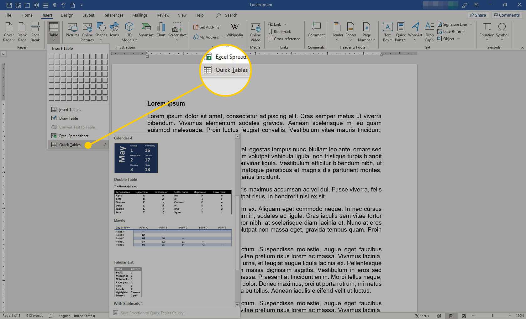 Microsoft Word se zvýrazněnou možností Rychlé tabulky