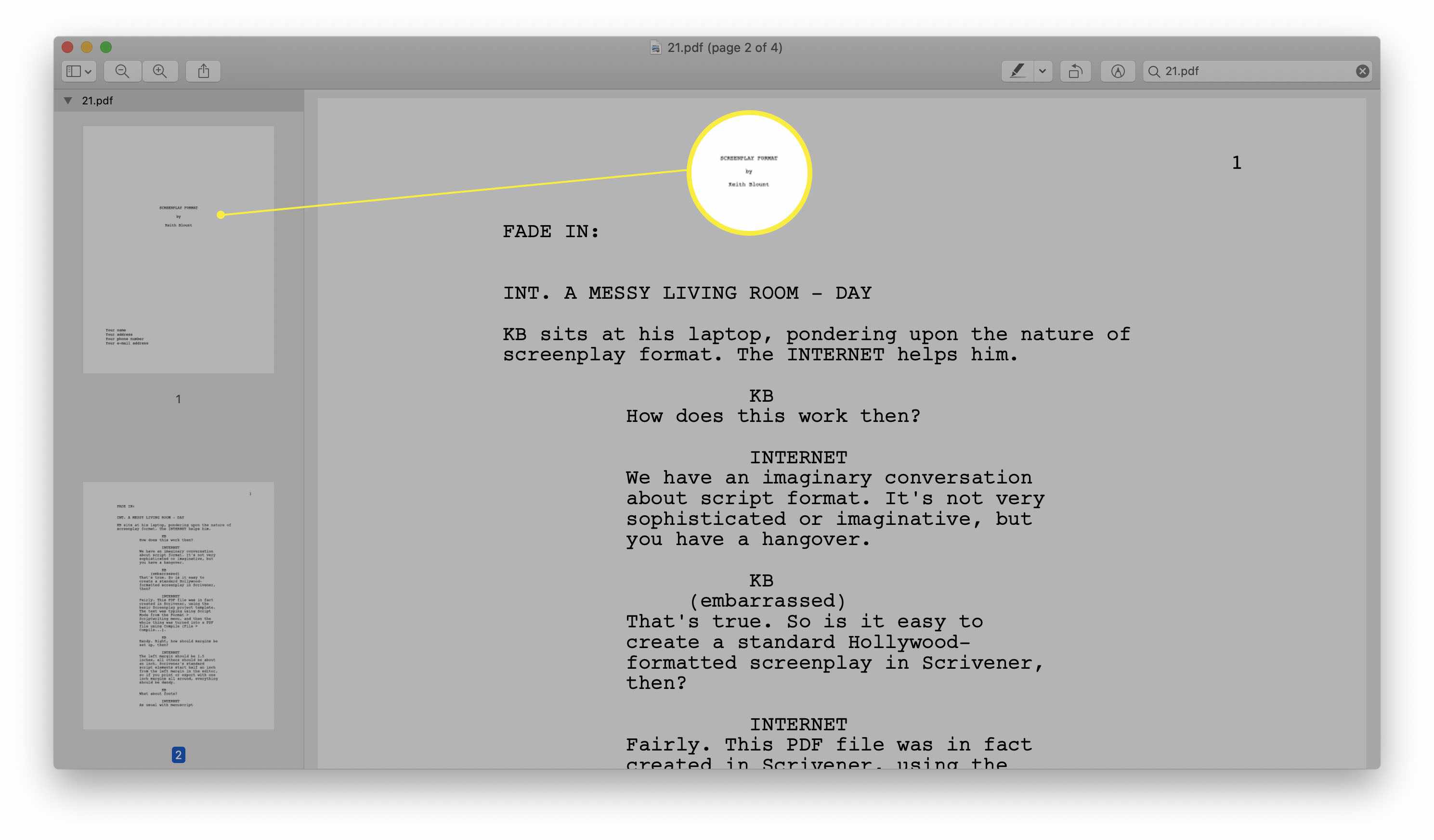 Náhled systému MacOS se zvýrazněnou miniaturou stránky PDF