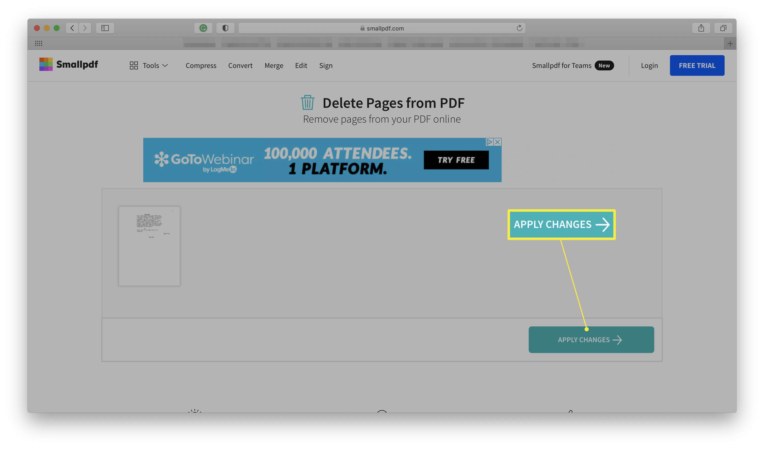 Web Smallpdf se zvýrazněnou možností Použít změny