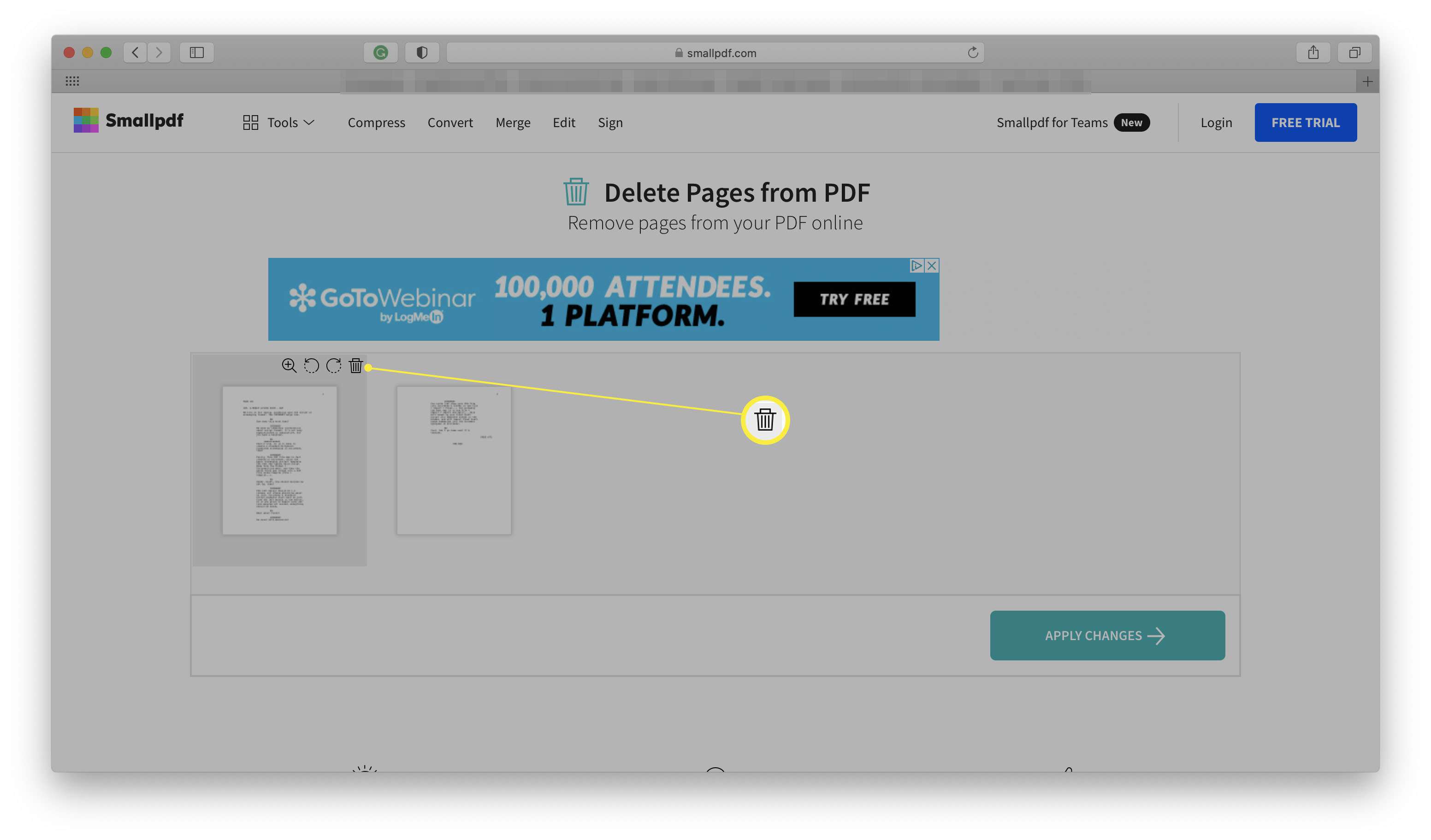 Smallpdf se zvýrazněnou ikonou koše na stránce PDF