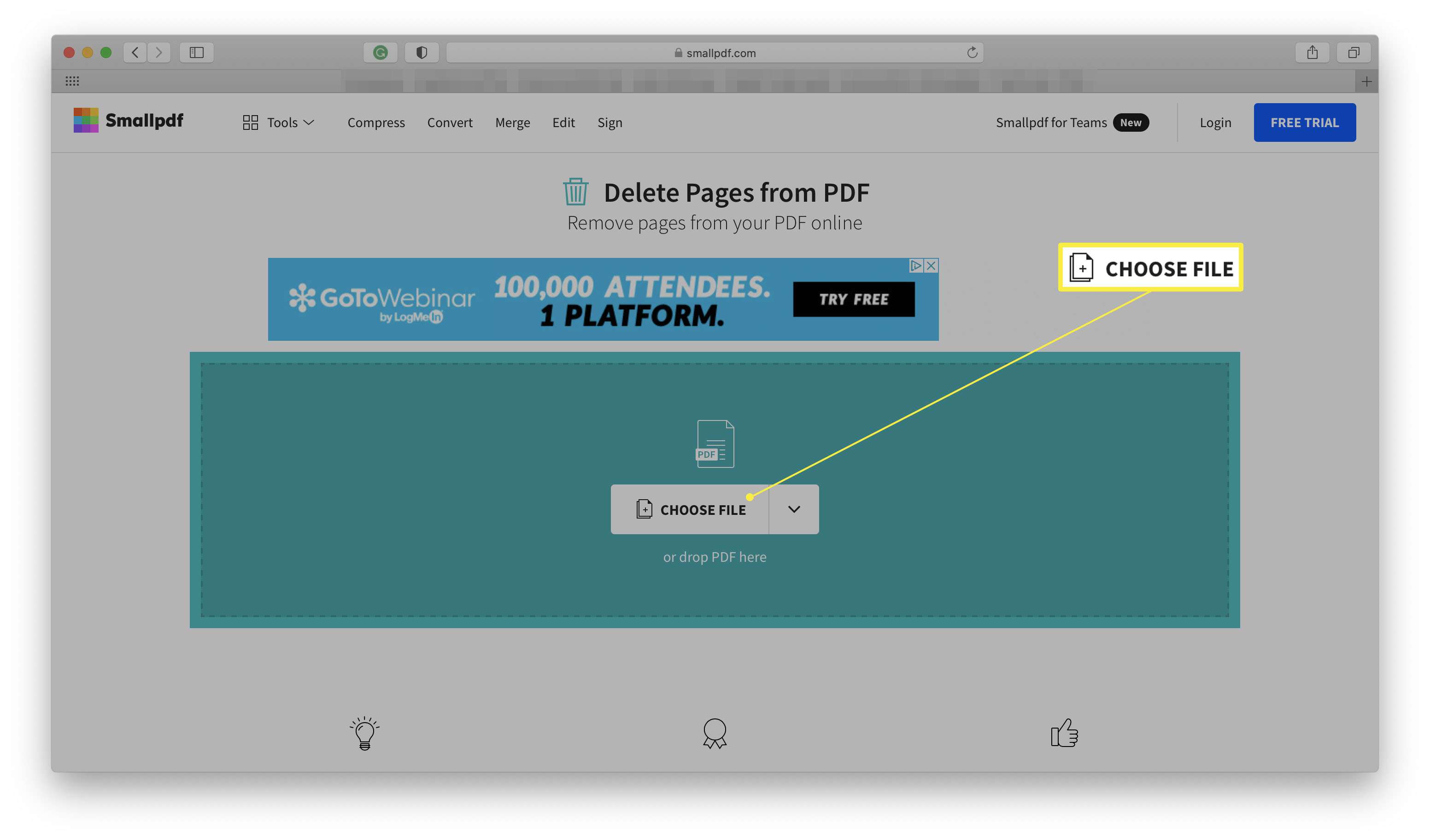 Web Smallpdf se zvýrazněnou volbou Soubor