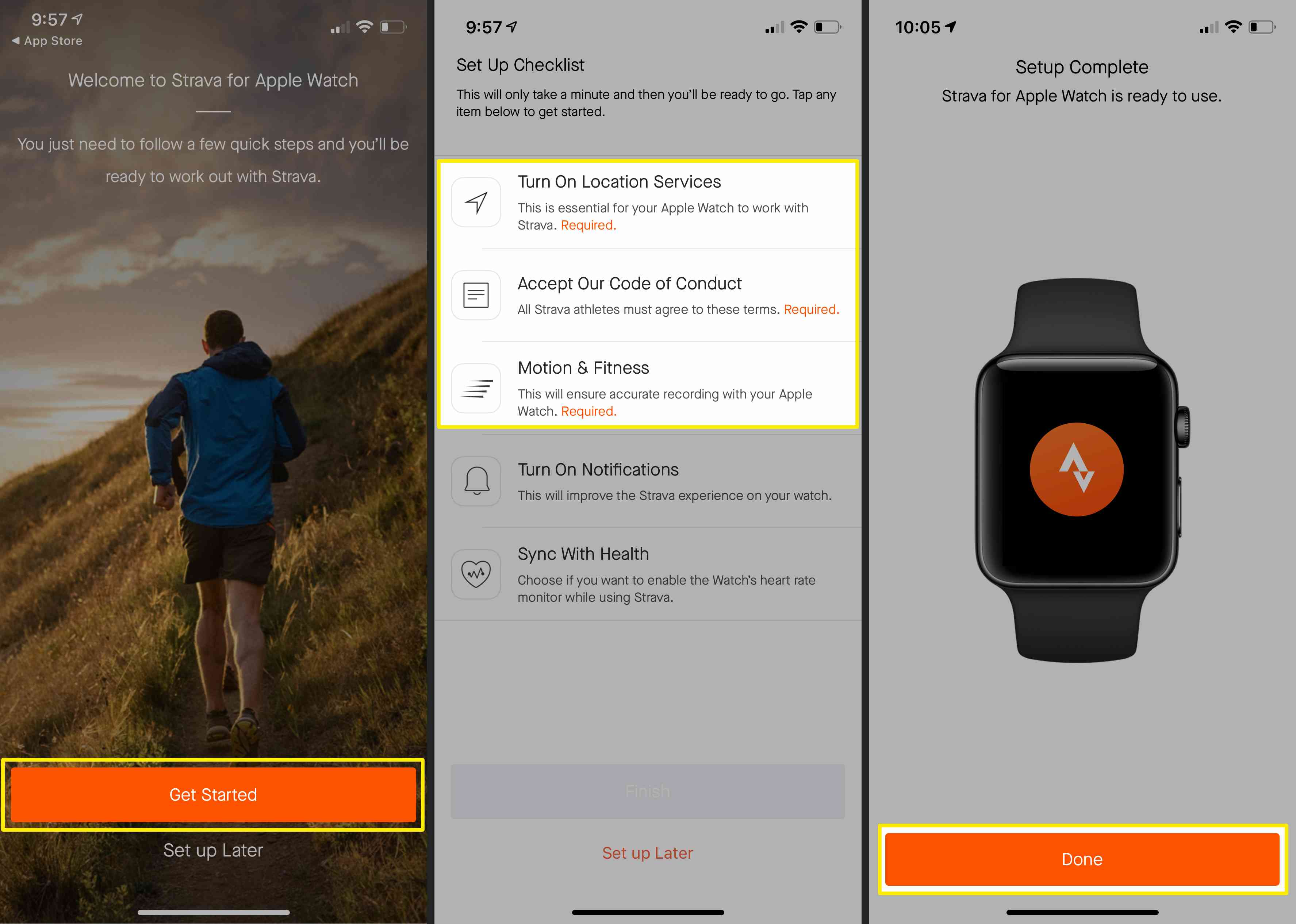 Screenshoty ukazující, jak dokončit připojení Apple Watch ke službě Strava.