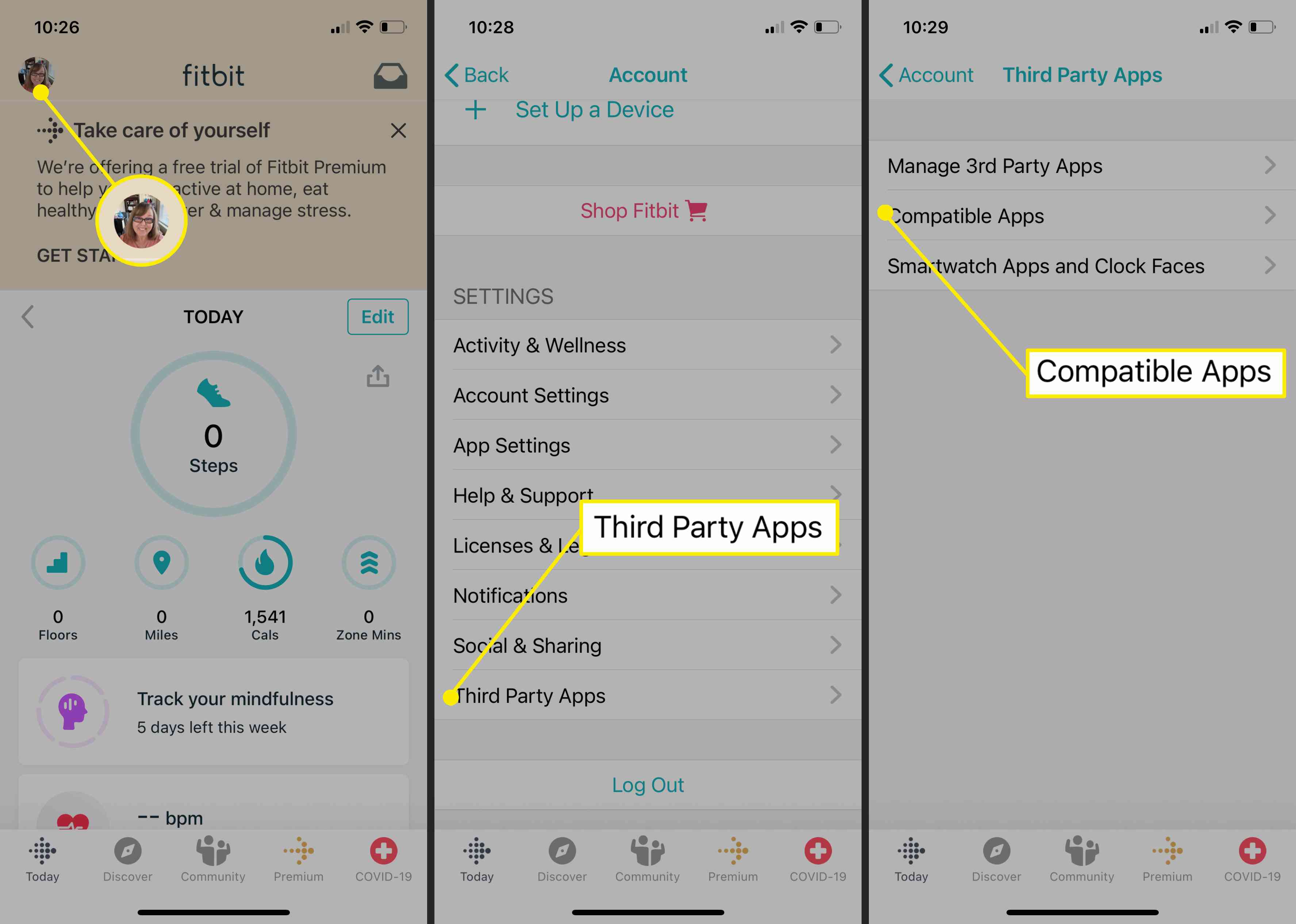 Screenshoty z aplikací Fitbit ukazující, jak se dostat k možnosti Compatible Apps.